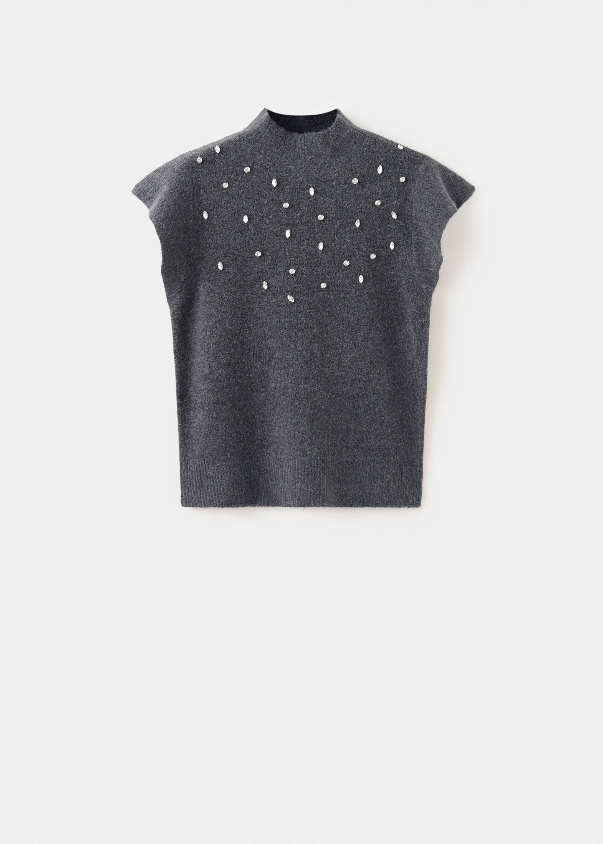 Dark grey sleeveless knit jersey with a high neck and scattered rhinestones., Charcoal. Ref: 37007806-00.