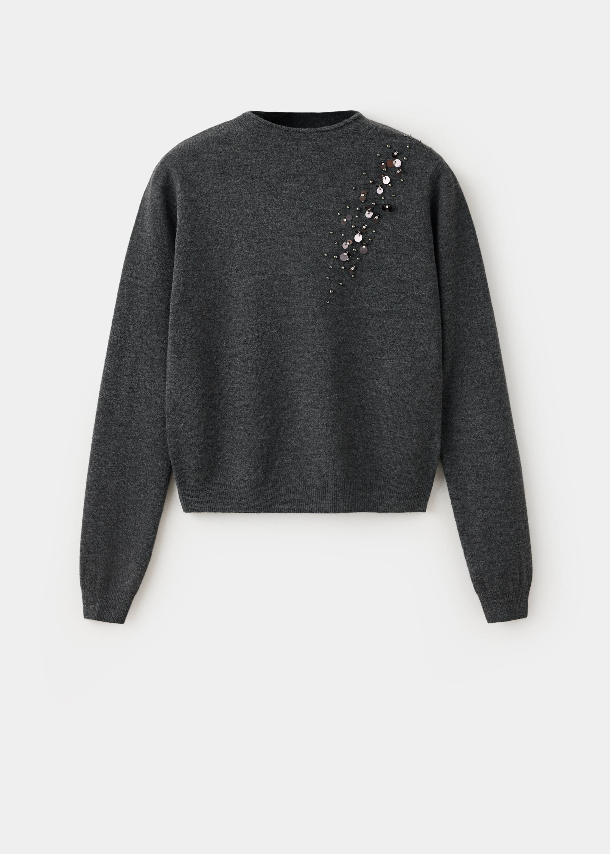 Dark grey crew neck jumper with sequin and bead embellishment on the chest.