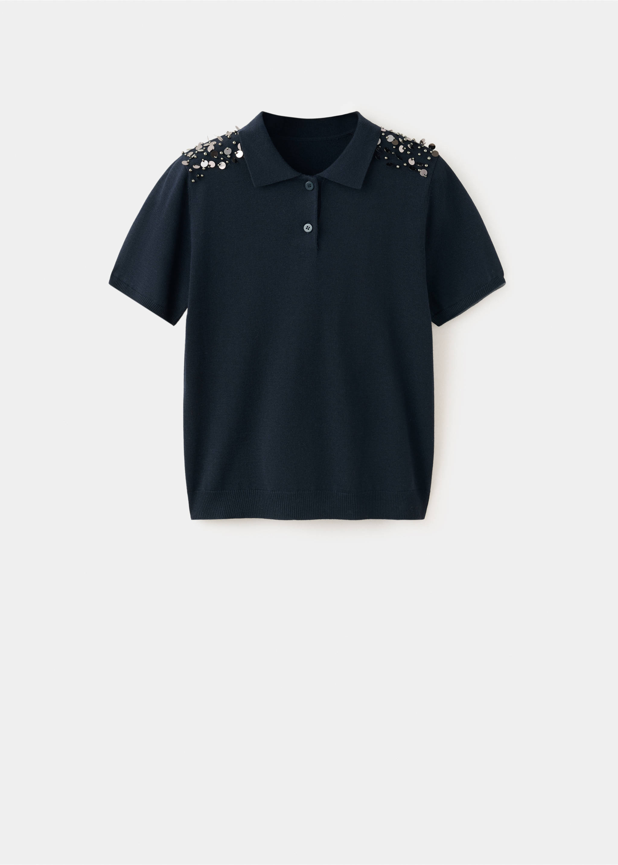 Navy blue knitted jersey polo sweater with beaded shoulder embellishments., Navy. Ref: 37007808-00.