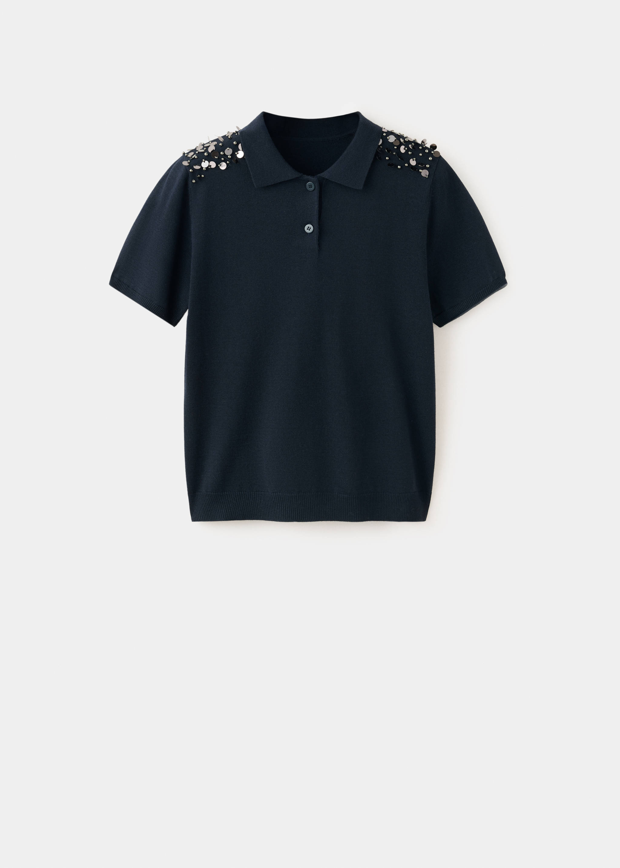 Navy blue knitted jersey polo sweater with beaded shoulder embellishments.