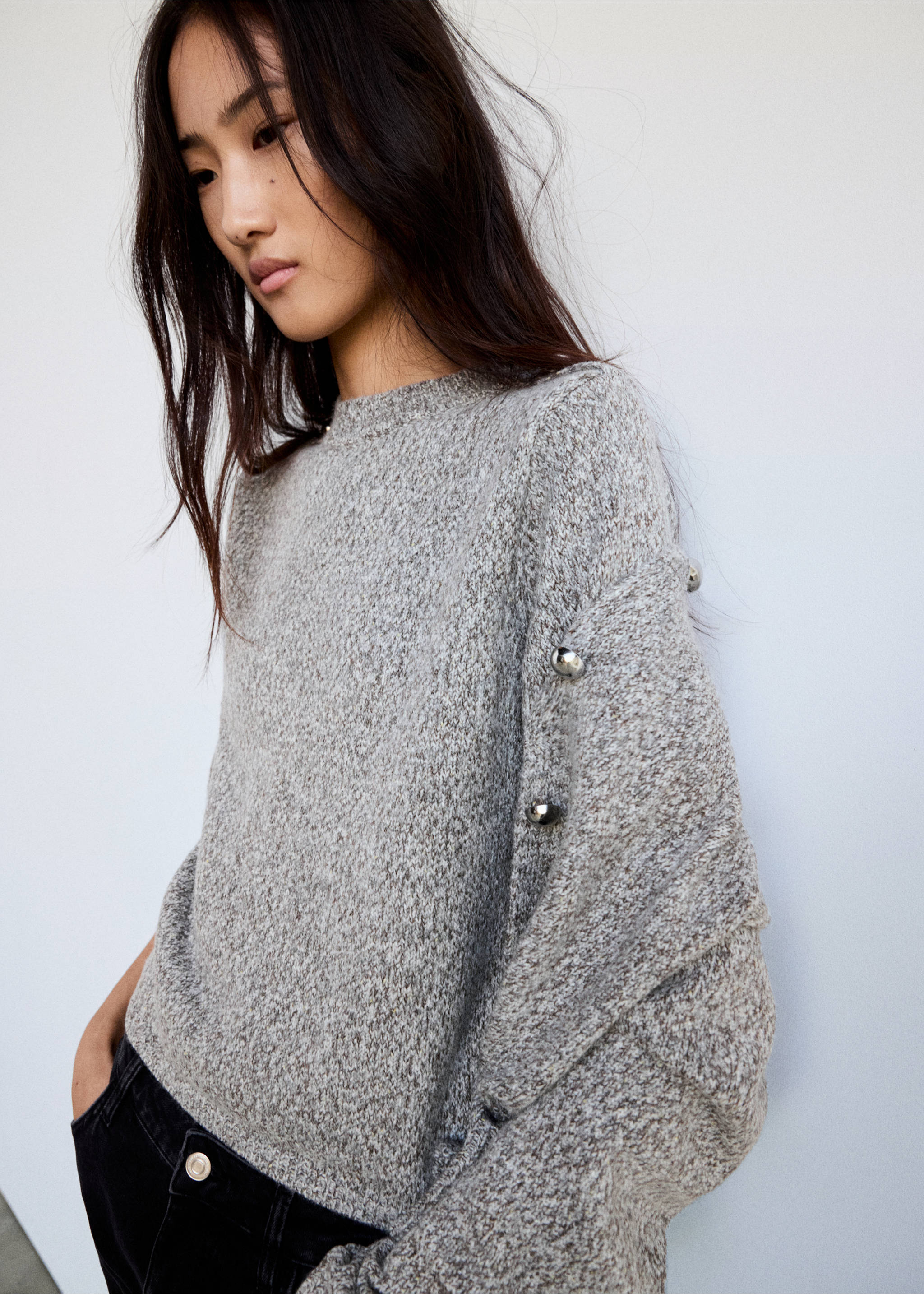 Melierter Strickpullover - Detail des Artikels 2, Hellgrau meliert. Ref: 37007809-00.