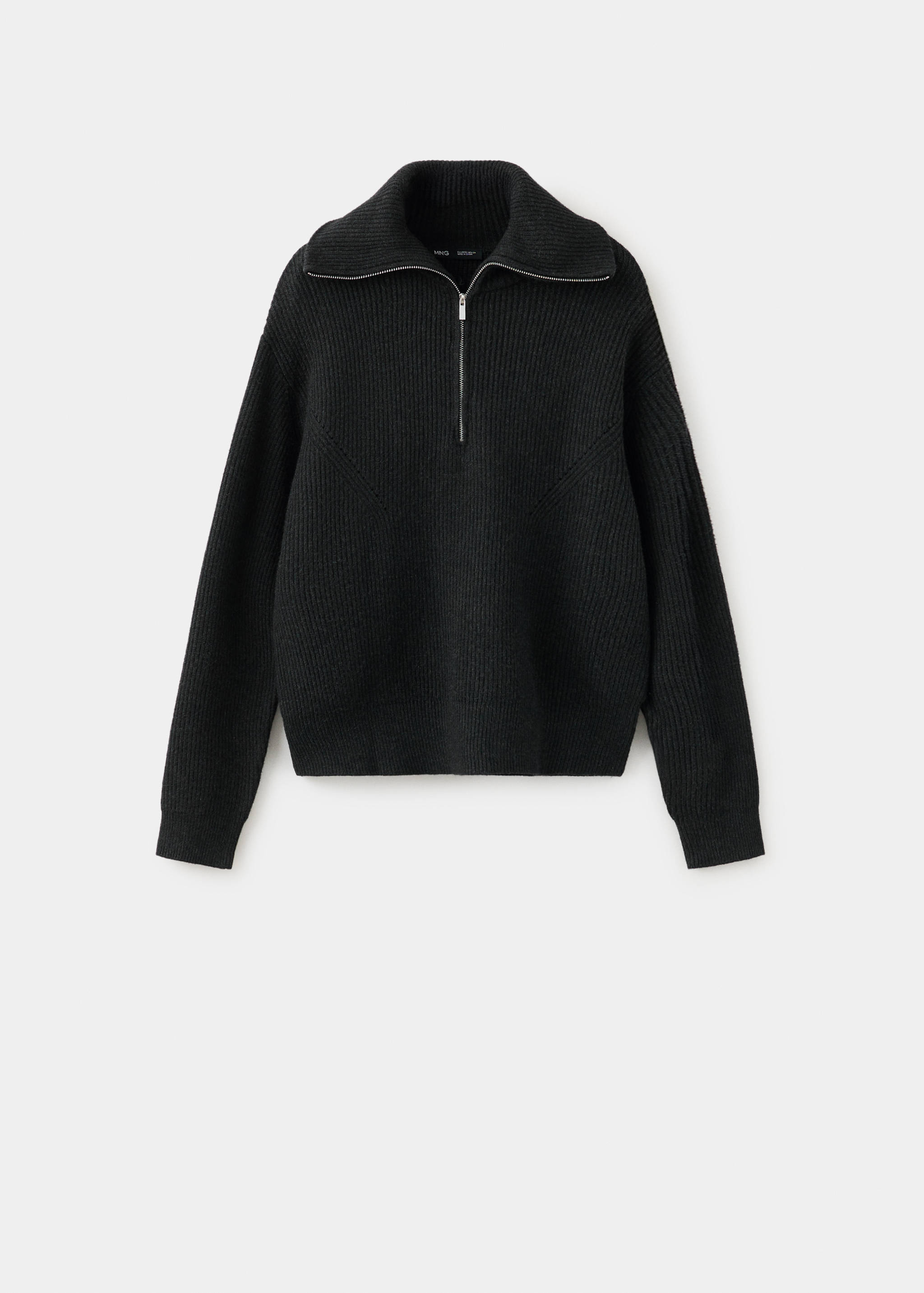 Black ribbed-knit jersey with a high zip collar.
