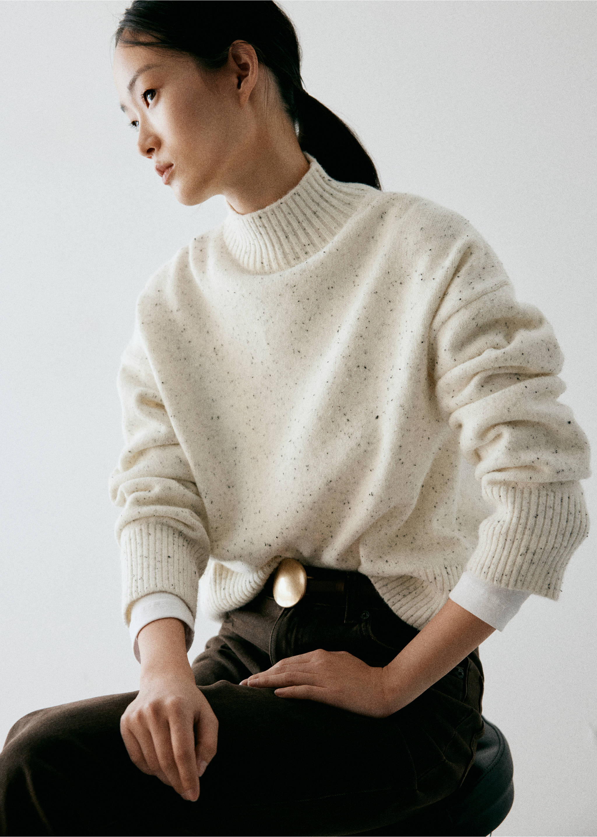Marl high-neck jumper - Details of the article 1, Ecru. Ref: 37007812-00.
