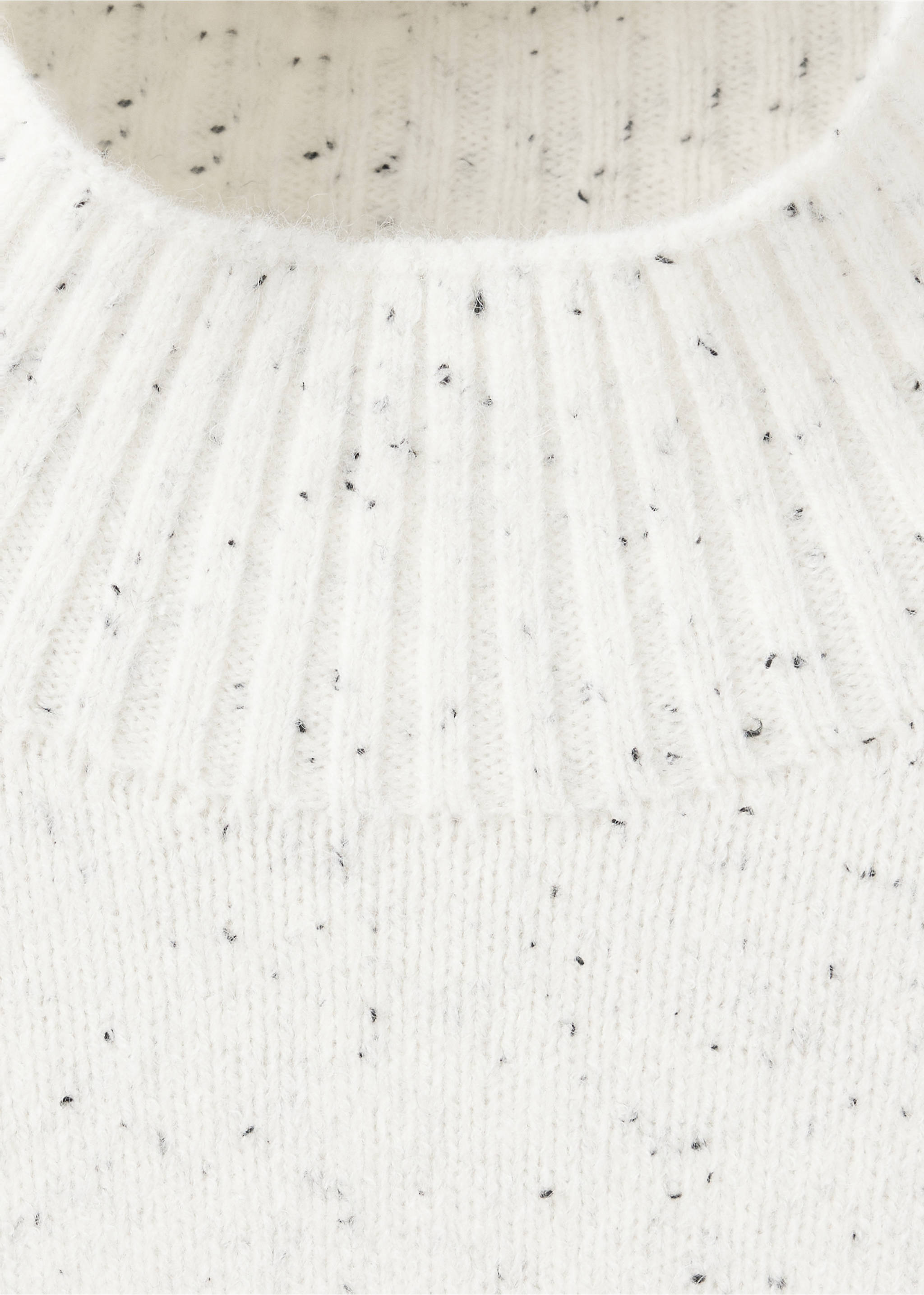 Close-up of a white speckled knit jumper featuring a ribbed high collar., Ecru. Ref: 37007812-00.