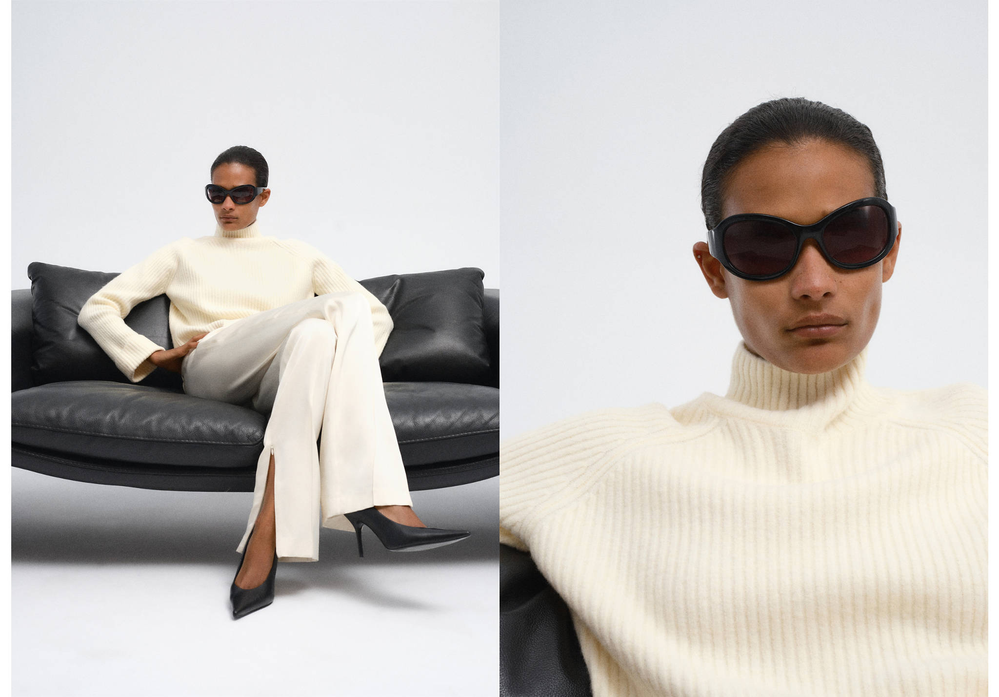 Cream ribbed knit jumper with a high neckline and wide cuffs.