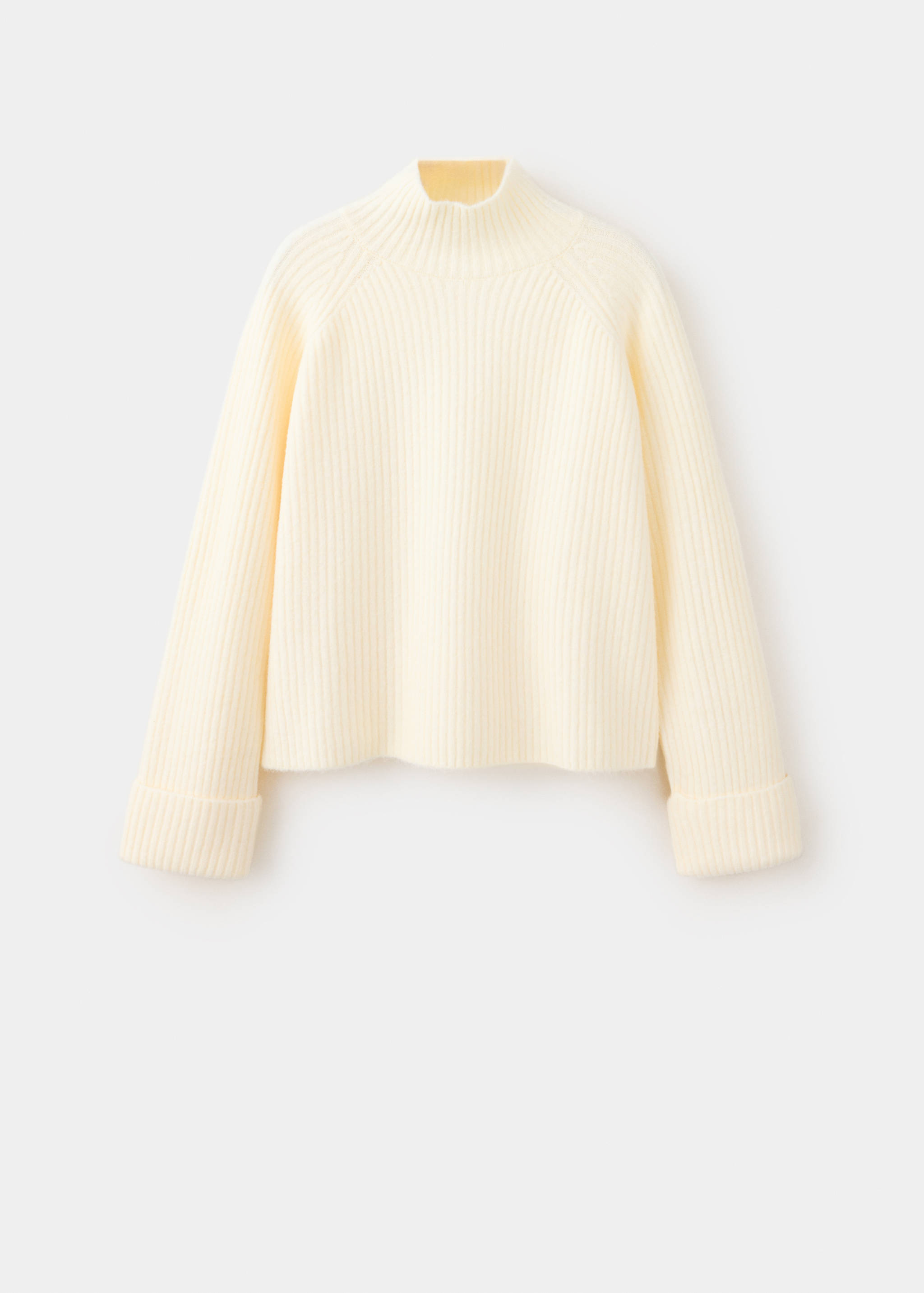 Cream ribbed knit jumper with mock neck and turned-up cuffs.