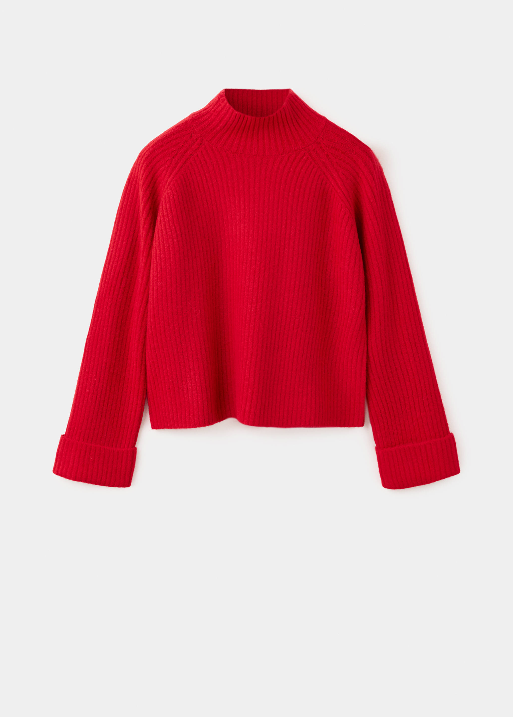 Bright red ribbed knit jumper with high mock neck and long sleeves.