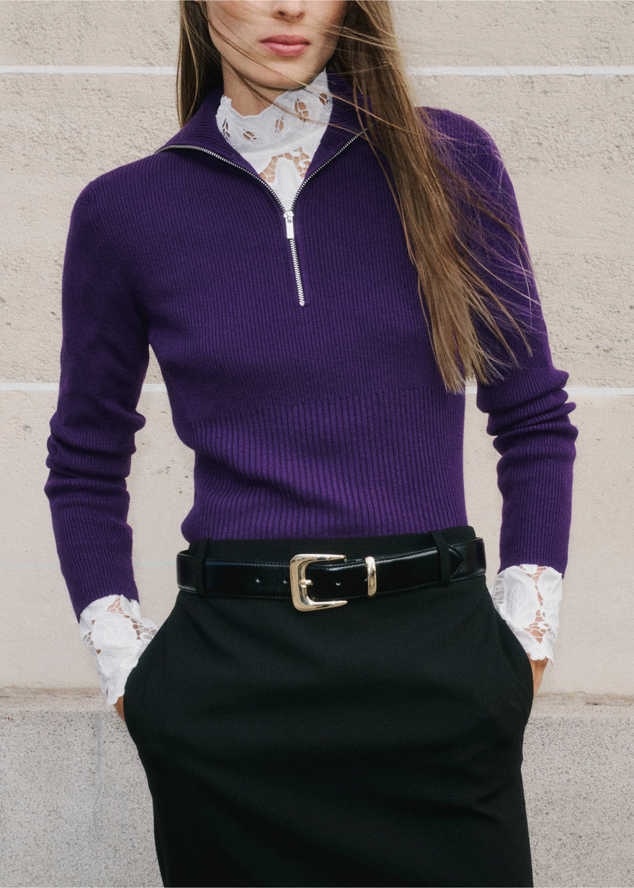 Purple ribbed knit zip-up jersey layered over a white lace top., Purple. Ref: 37007815-00.