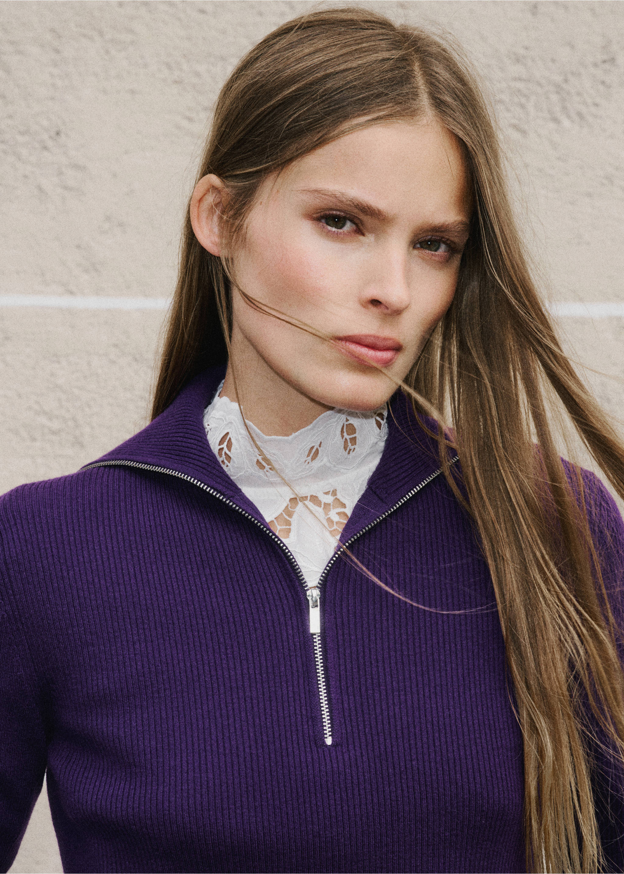 Ribbed sweater with zip - Details of the article 1, Purple. Ref: 37007815-00.