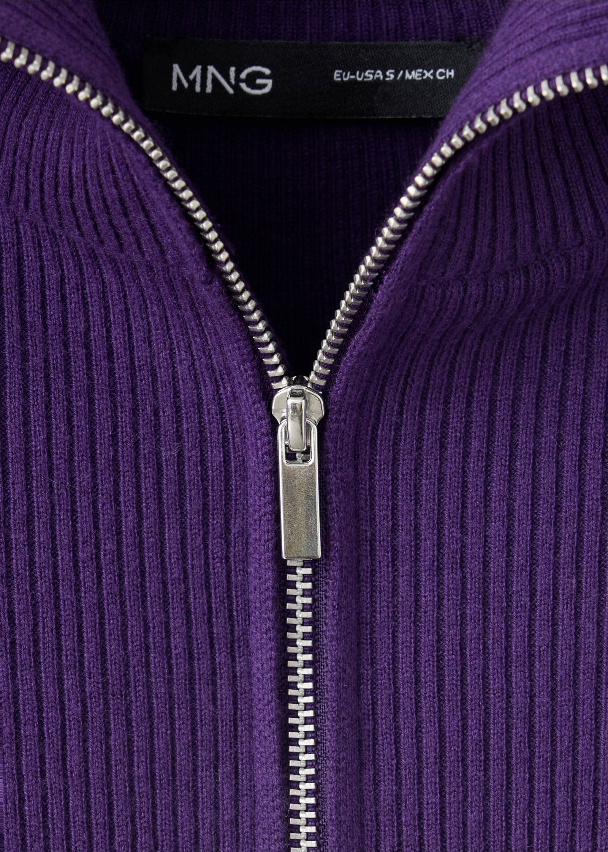 Close-up of a purple knitted jumper with a ribbed high collar and silver zip., Purple. Ref: 37007815-00.