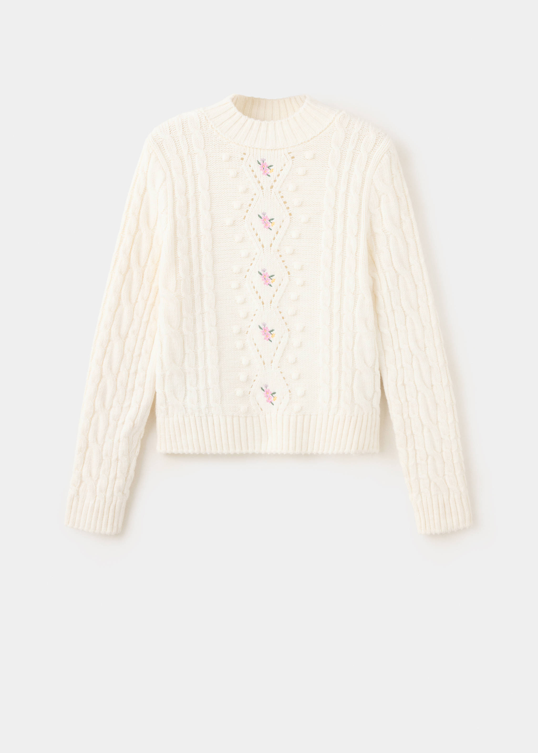 Cream knit jersey with ribbed high neck and pink floral embroidery.