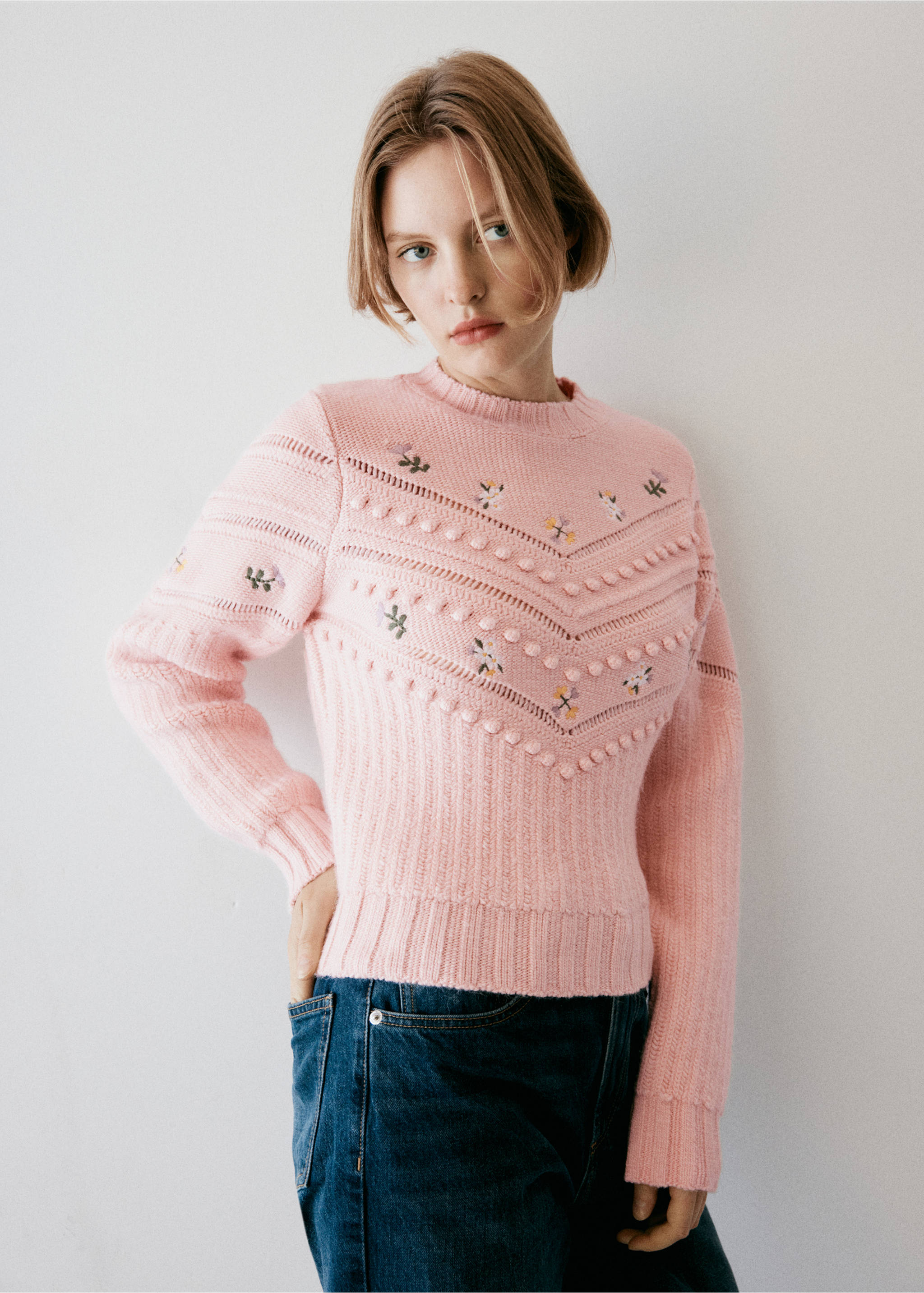 Flowers knit sweater - Medium plane, Pink. Ref: 37007821-00.