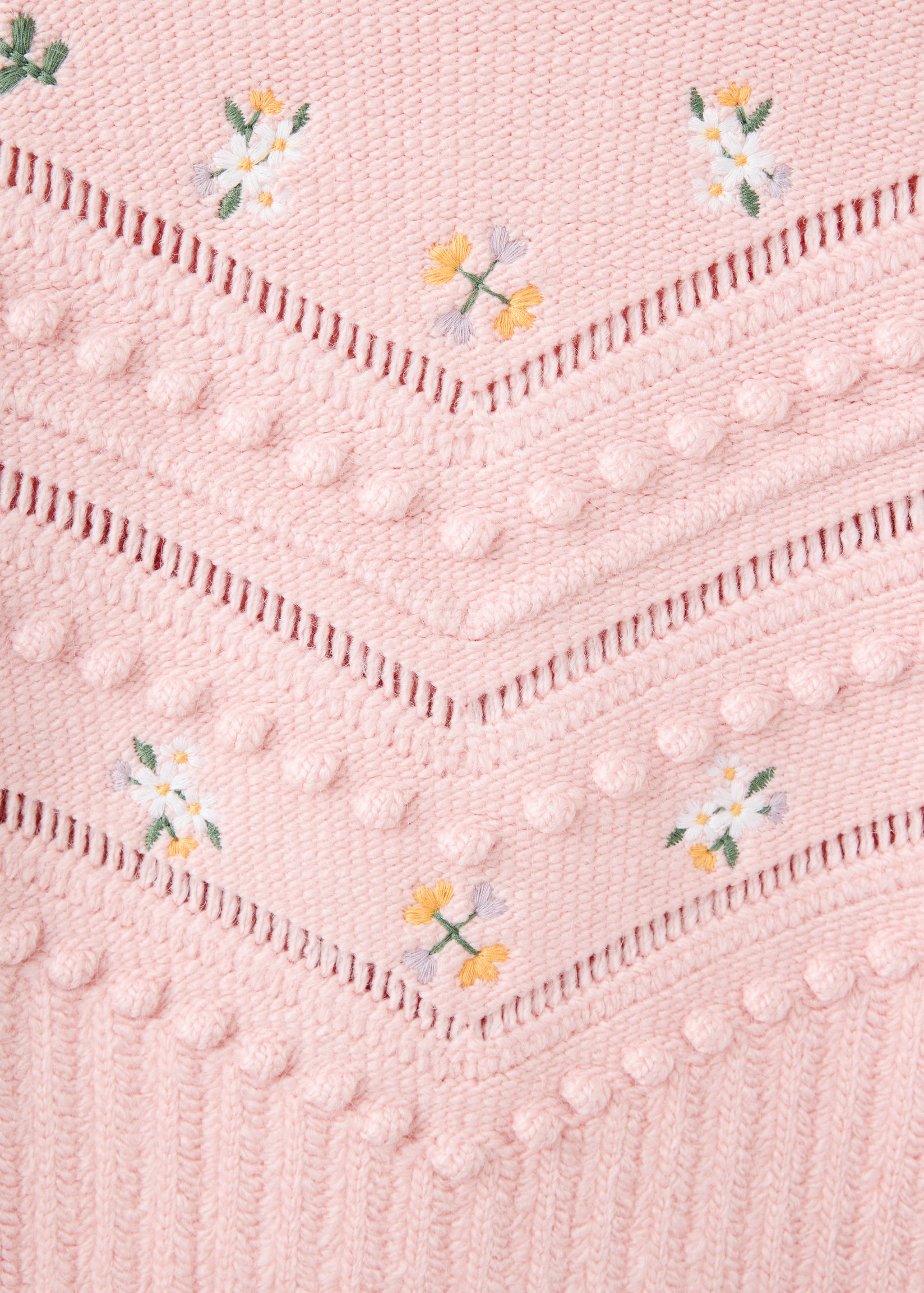 Close-up of a pink knit sweater with floral embroidery and bobble details.