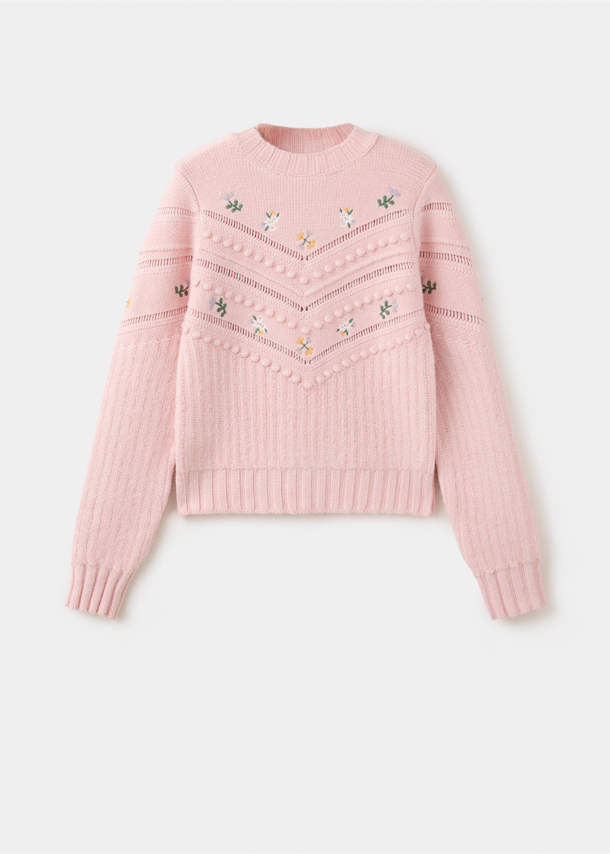 Pink knitted sweater with bobble stitch chevrons and floral embroidery., Pink. Ref: 37007821-00.