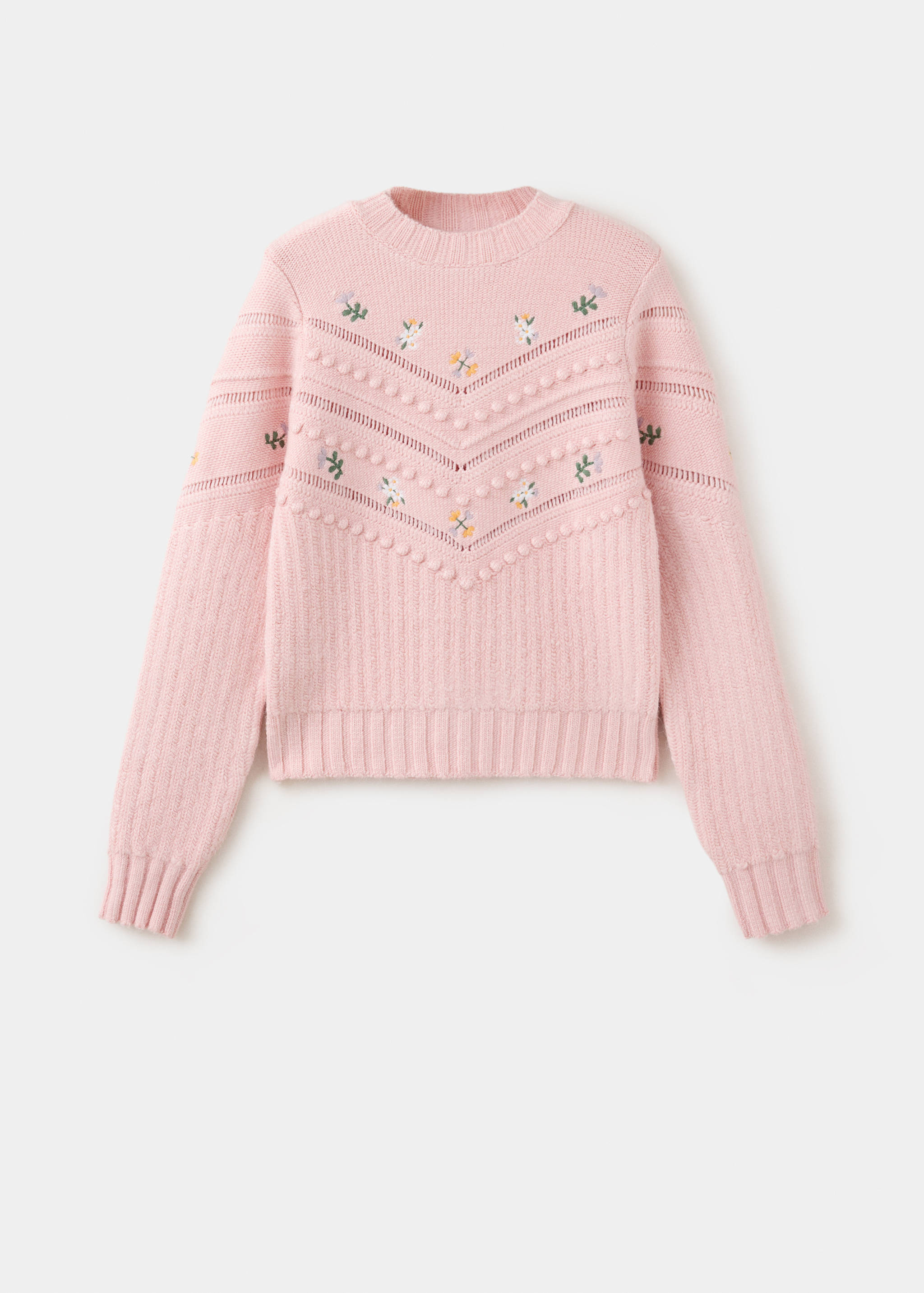 Pink knitted sweater with bobble stitch chevrons and floral embroidery.