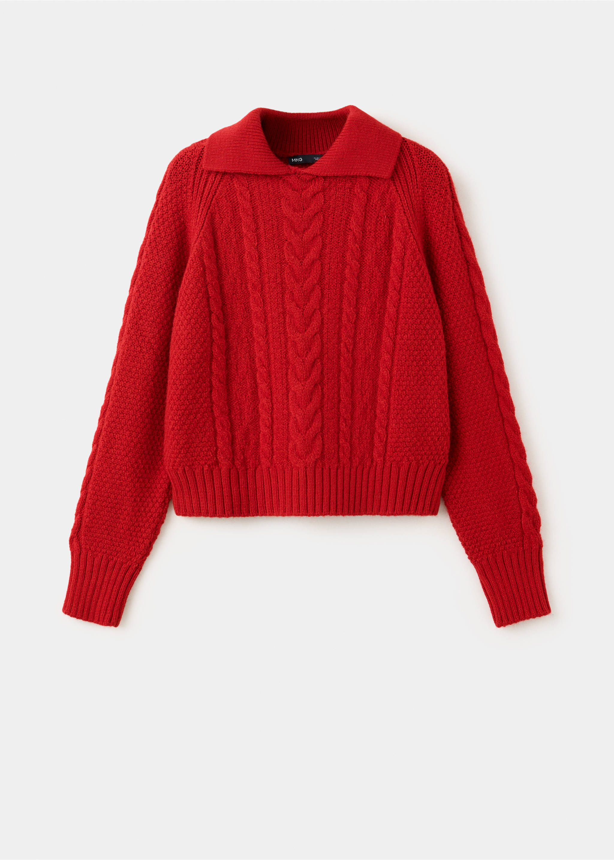 Bright red knit jersey sweater with a polo collar and textured cable-knit front panel., Red. Ref: 37007823-00.