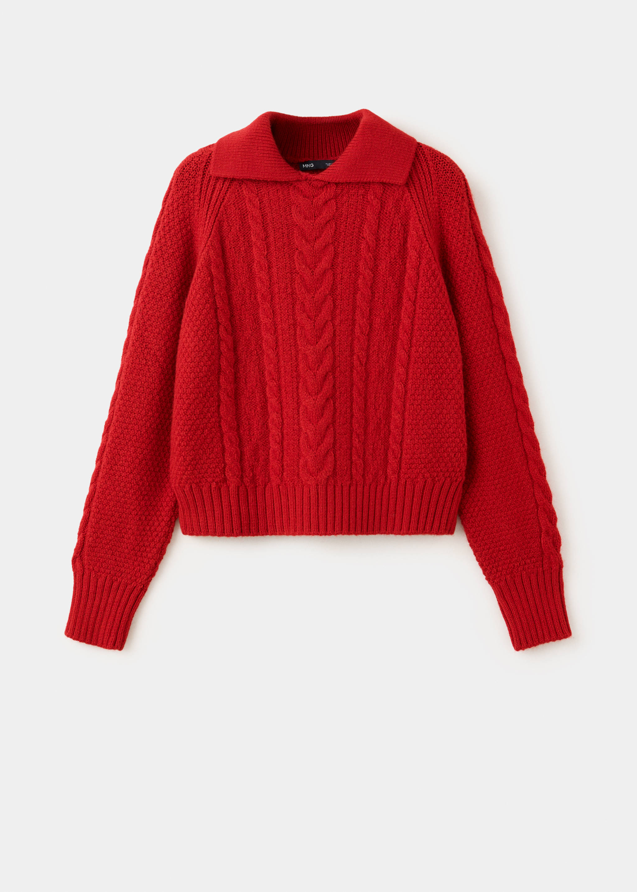 Bright red knit jersey sweater with a polo collar and textured cable-knit front panel.