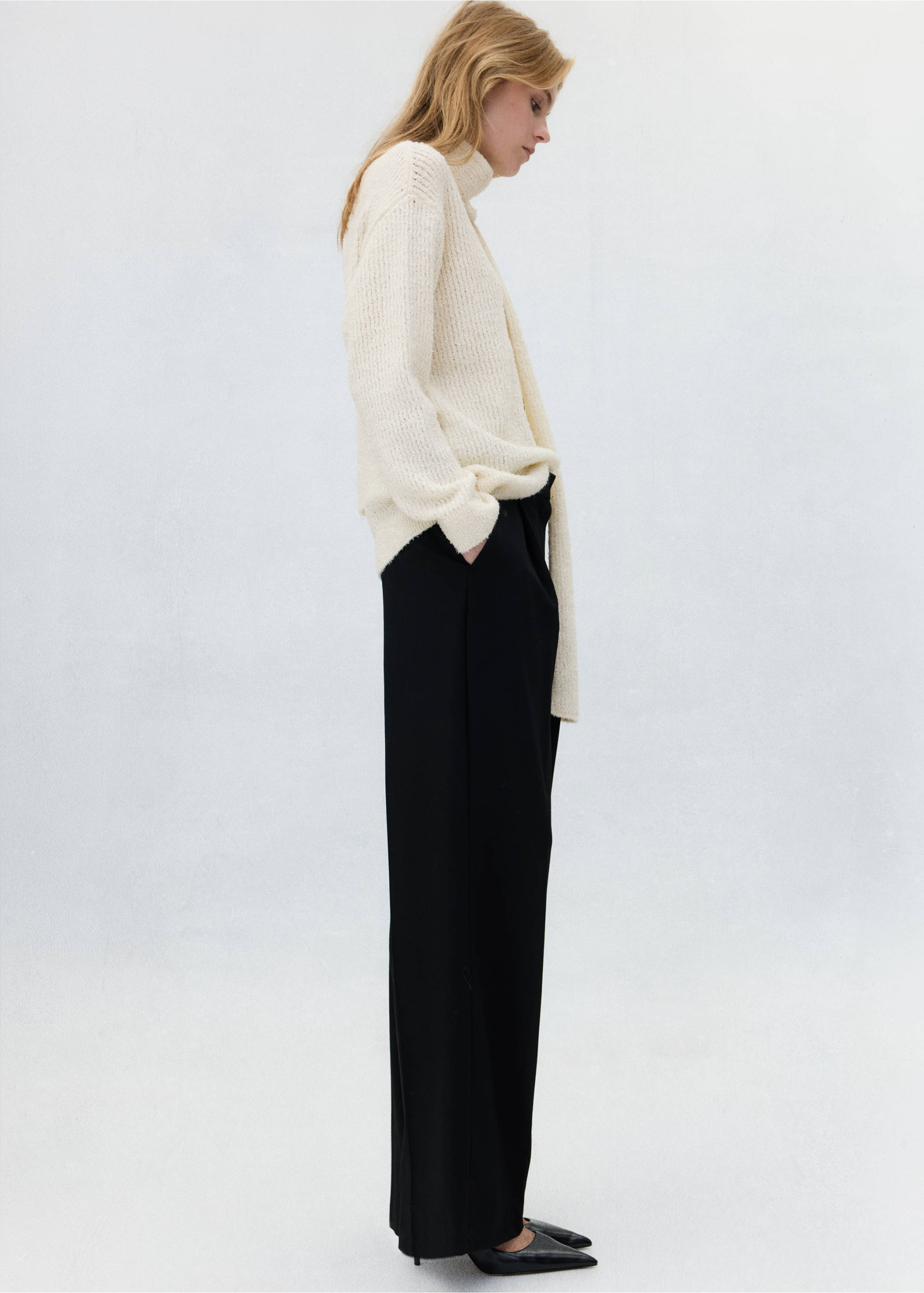 Cream knitted turtleneck sweater with a matching long scarf, paired with black trousers., Ecru. Ref: 37007824-01.