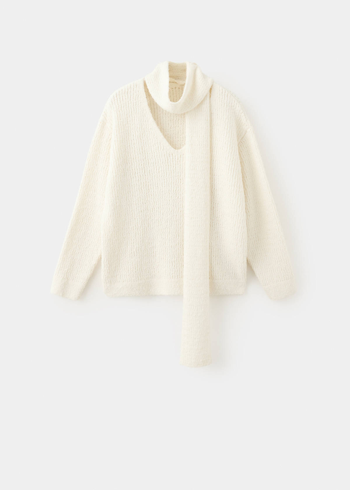 V-neck sweater with scarf — Ecru