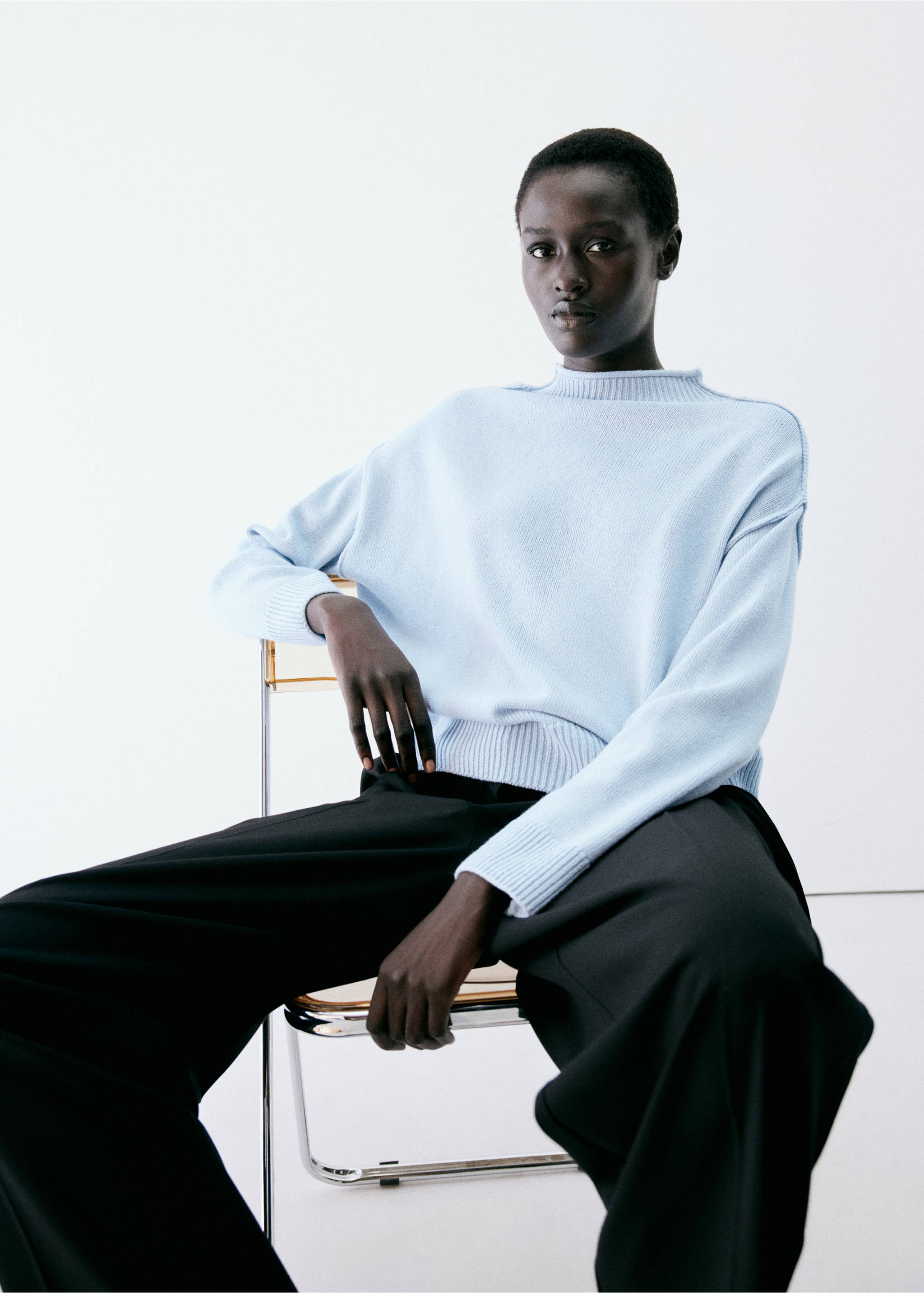 Pale blue knitted jersey with a mock neck and relaxed fit., Sky Blue. Ref: 37007826-00.