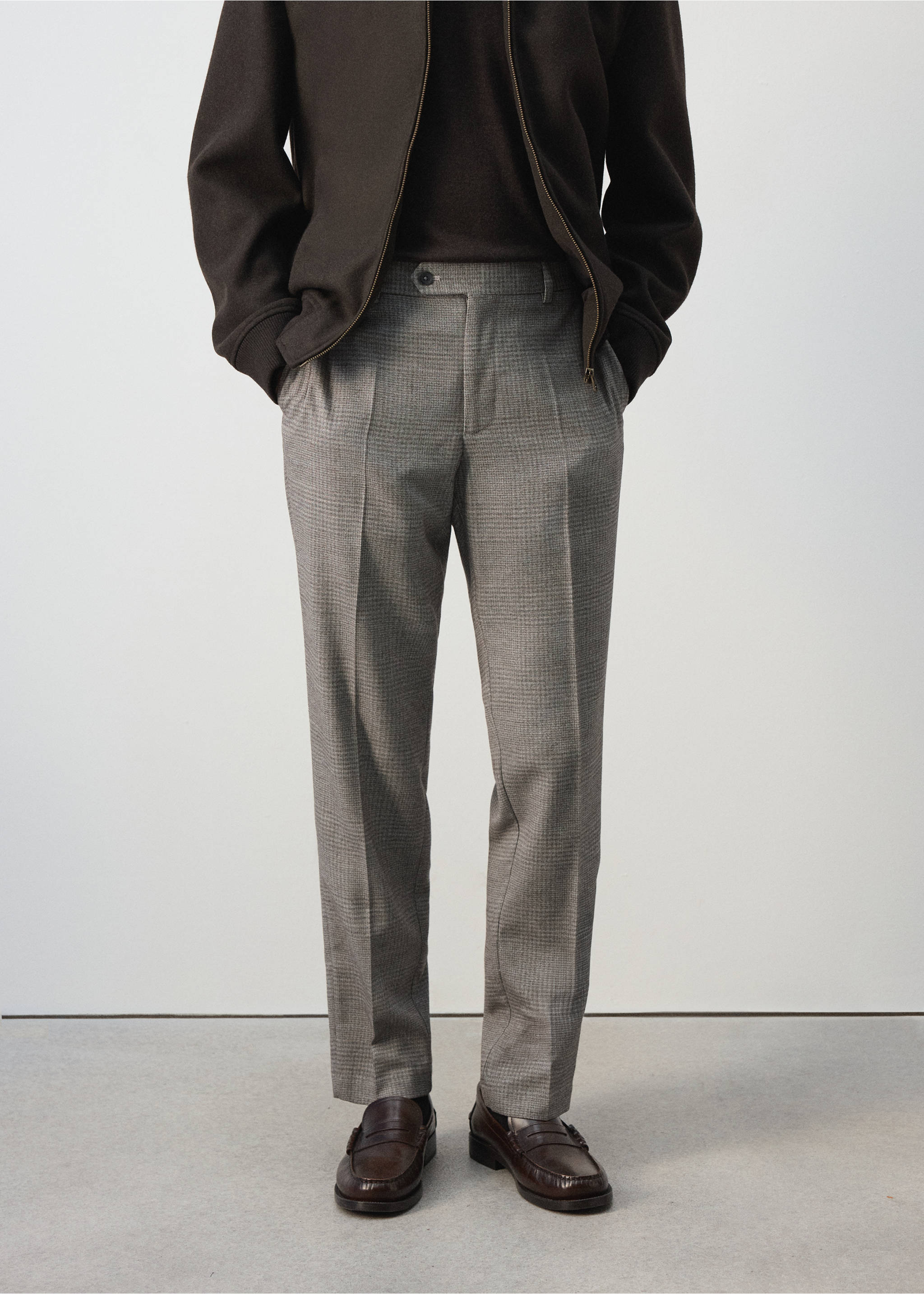 Grey plaid trousers with pleated front and pressed creases., Beige. Ref: 37007890-00.