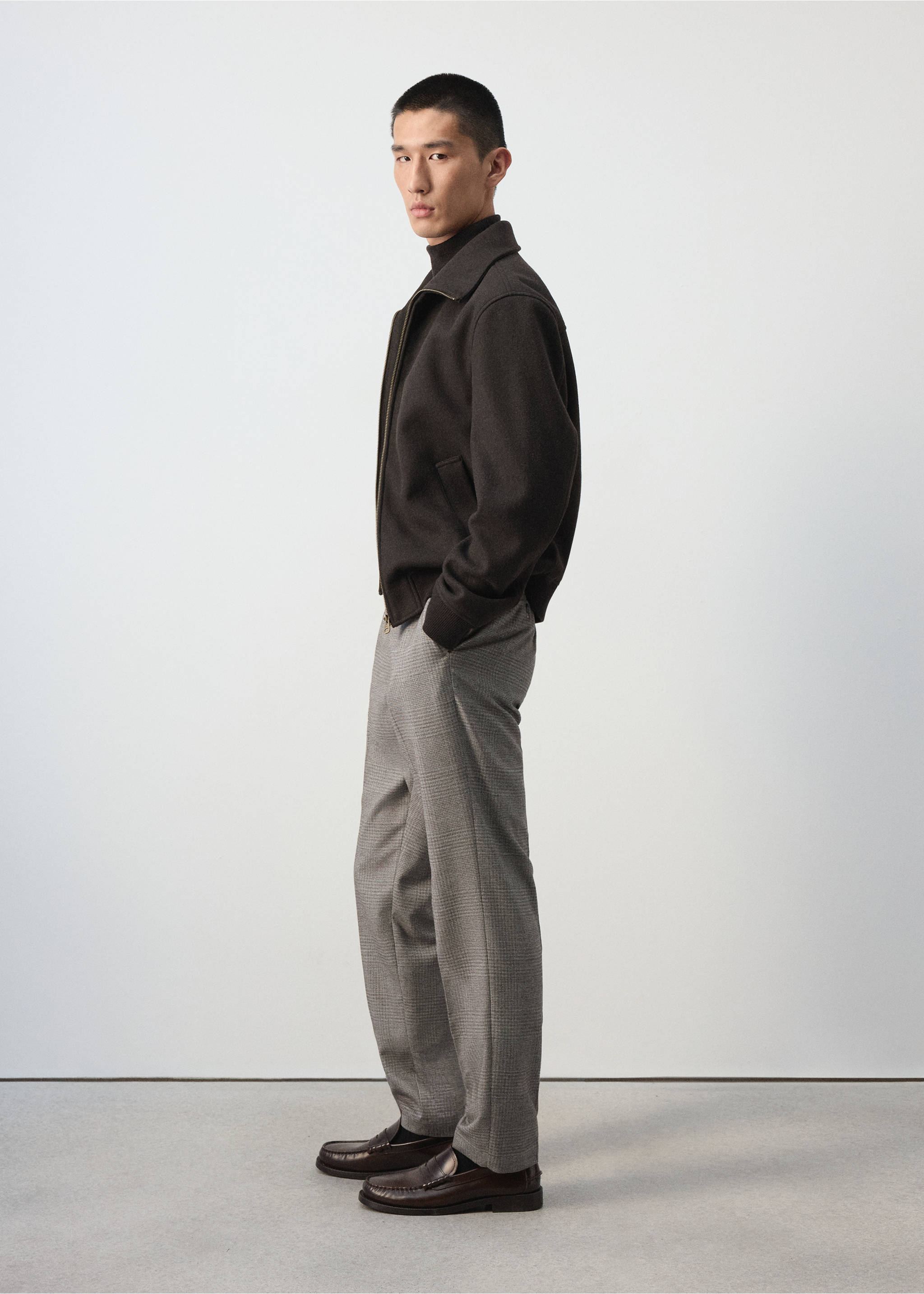 Grey patterned trousers in a straight-leg fit, worn with a dark brown jacket., Beige. Ref: 37007890-00.