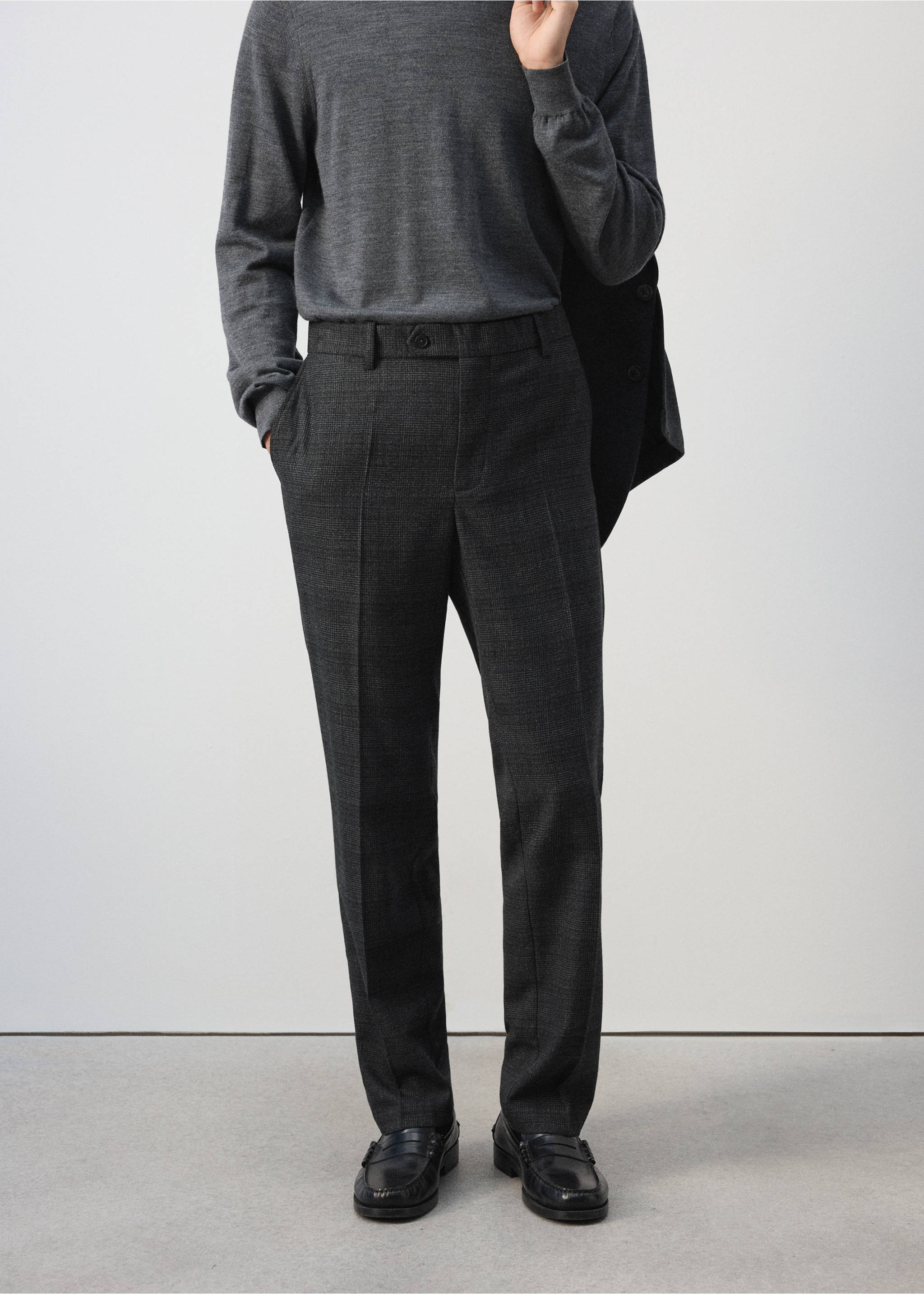 Dark grey tailored trousers with pressed creases and belt loops., Dark Heather Grey. Ref: 37007891-00.