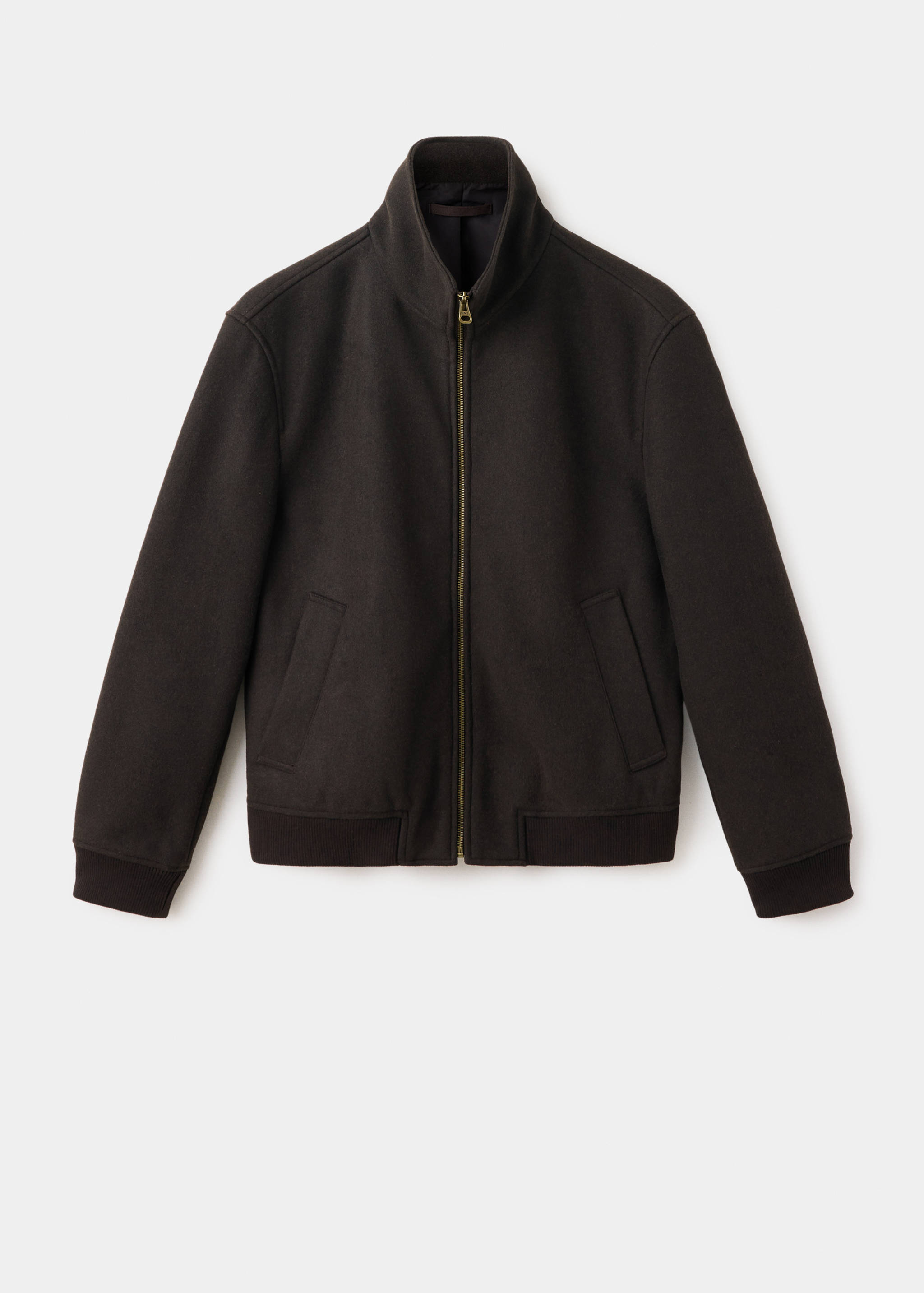 Dark brown zip-up bomber jacket with a funnel neck and ribbed trims.