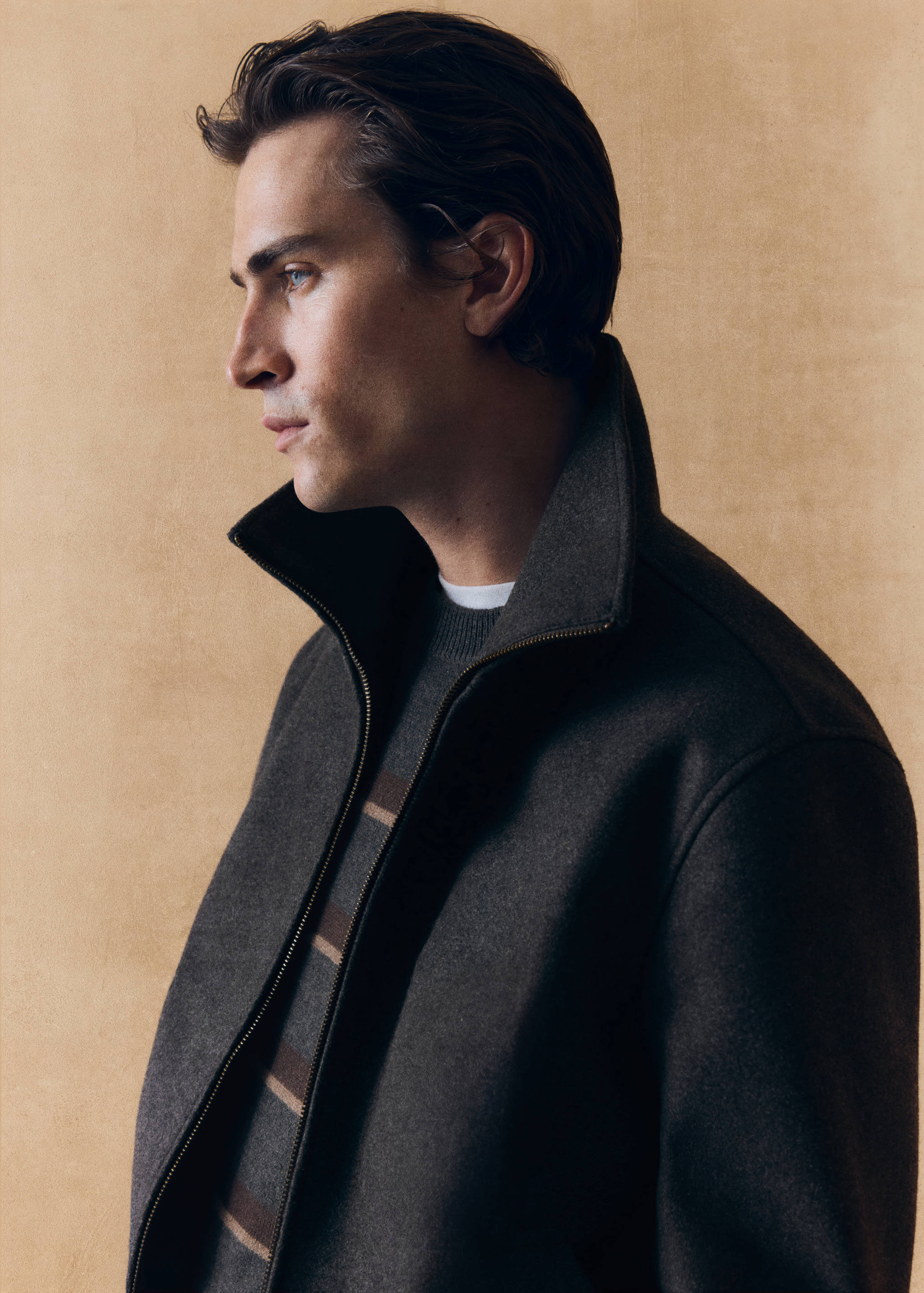 Dark grey zip-up jacket with a high collar, worn over a striped sweater.