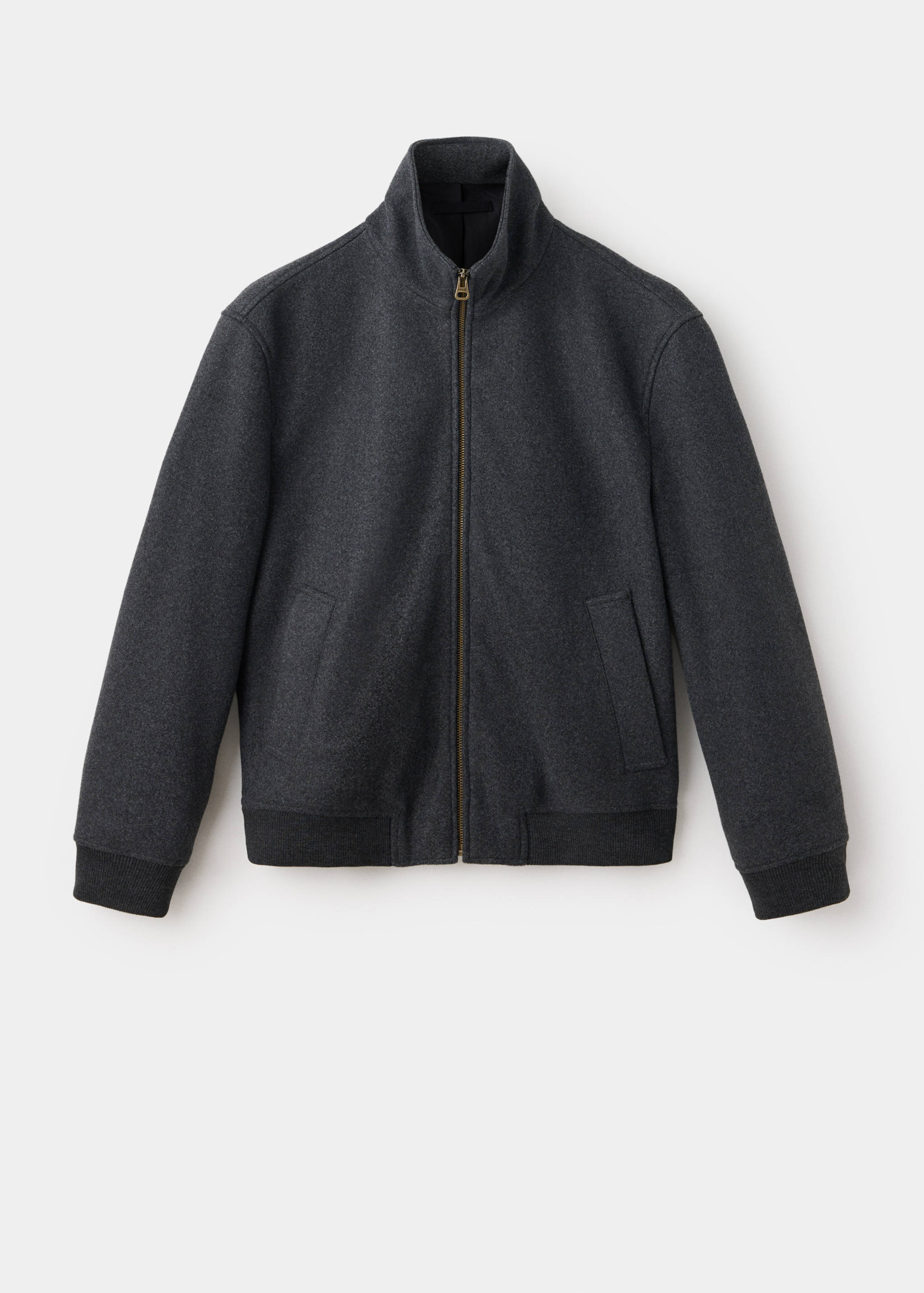 Dark grey zip-up jacket with a high collar and ribbed trims.