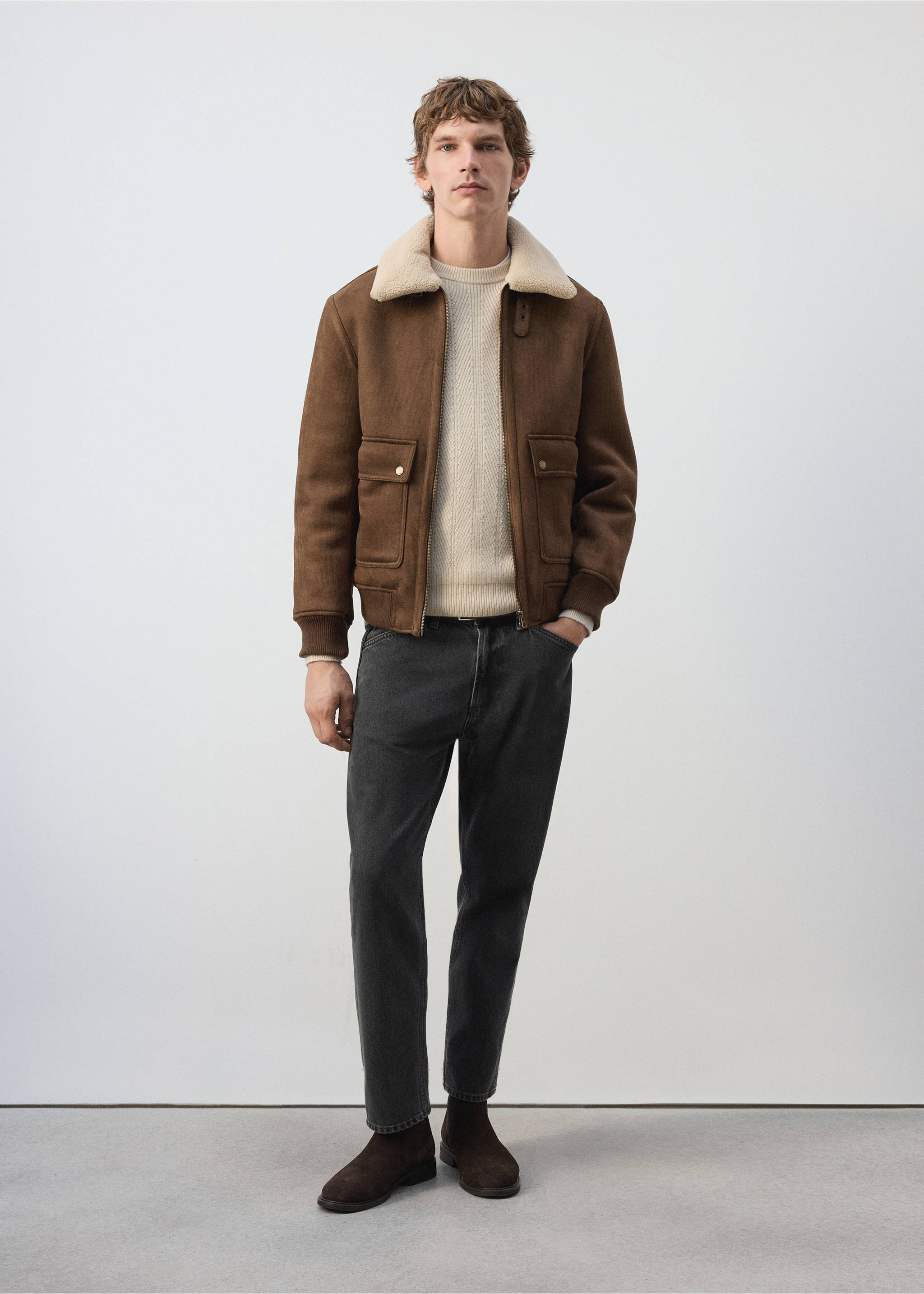 Brown suede-effect bomber jacket with a cream faux-shearling collar., Tobacco Brown. Ref: 37007893-00.