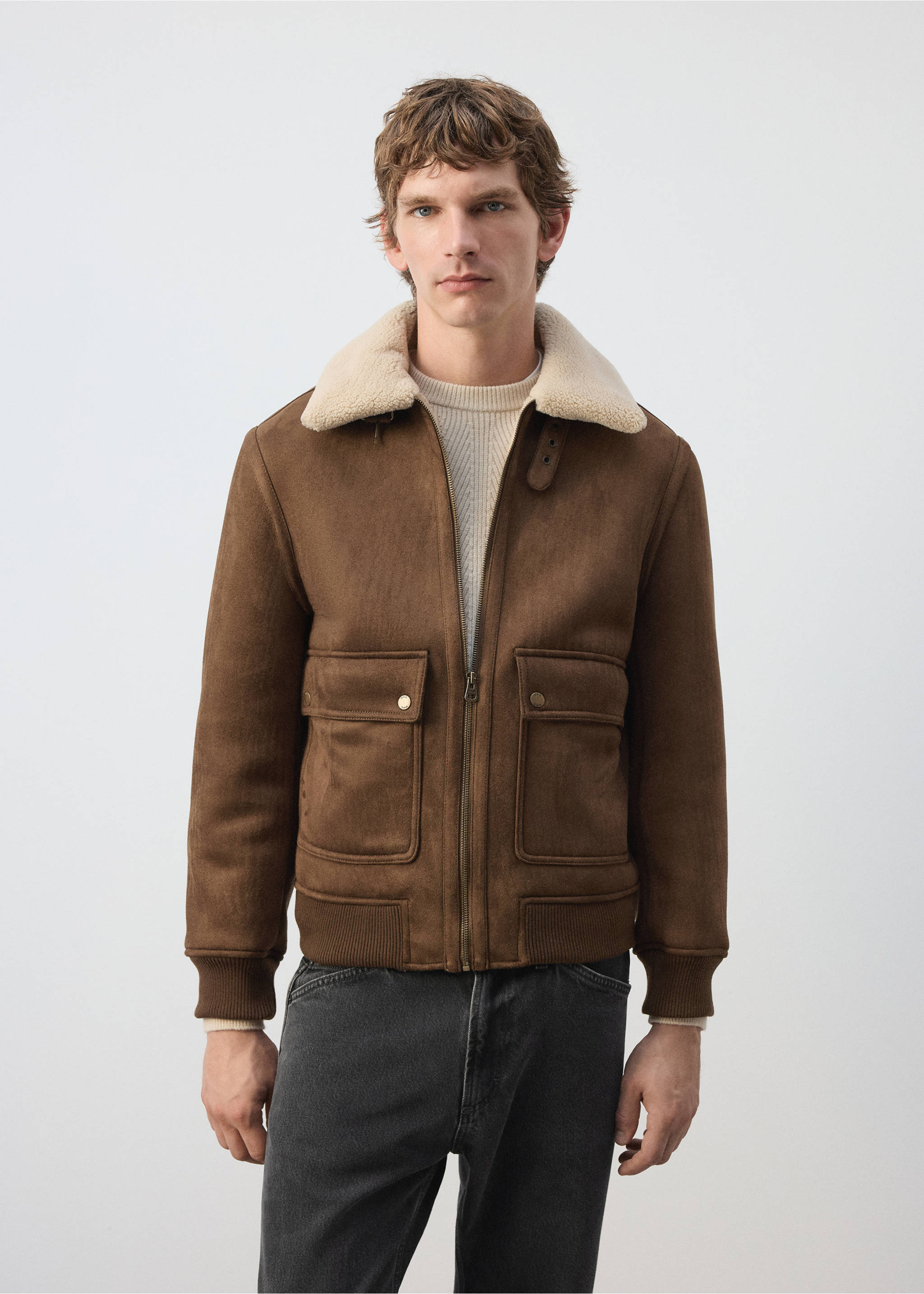 Brown suede-effect bomber jacket with a cream faux-shearling collar., Tobacco Brown. Ref: 37007893-00.