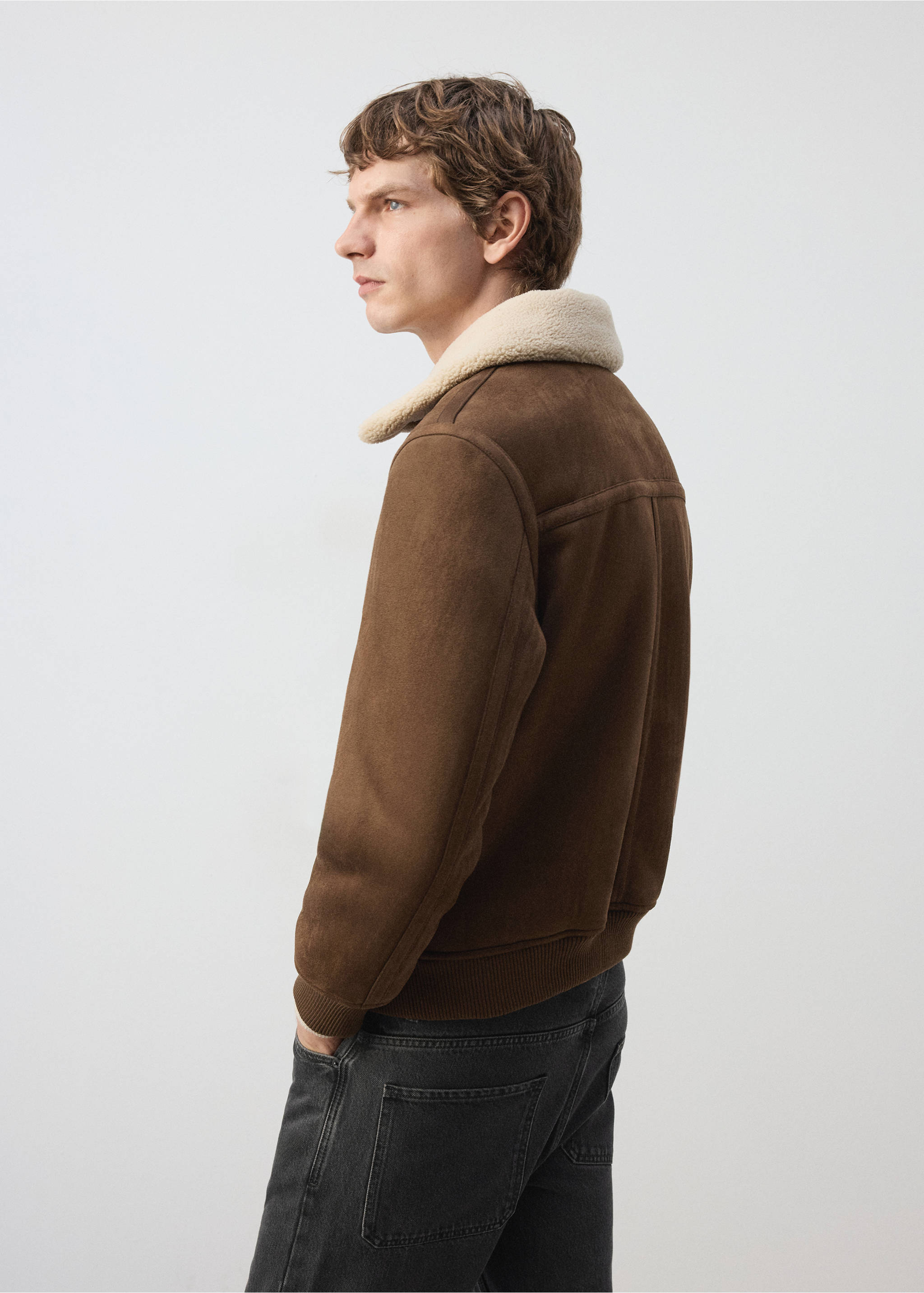 Brown jacket with a cream faux-shearling collar and ribbed hem., Tobacco Brown. Ref: 37007893-00.