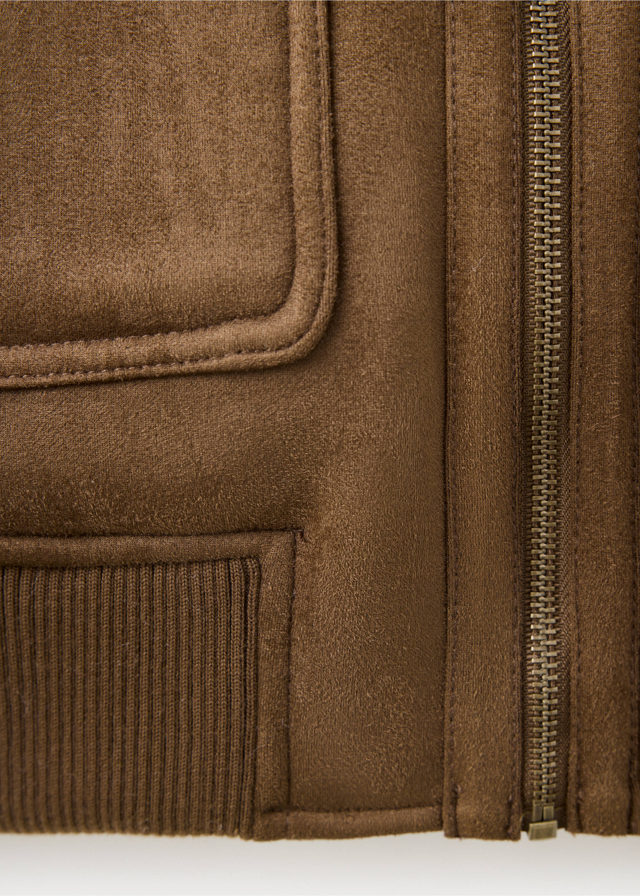 Close-up of brown suede-effect jacket showing zipper and ribbed hem., Tobacco Brown. Ref: 37007893-00.