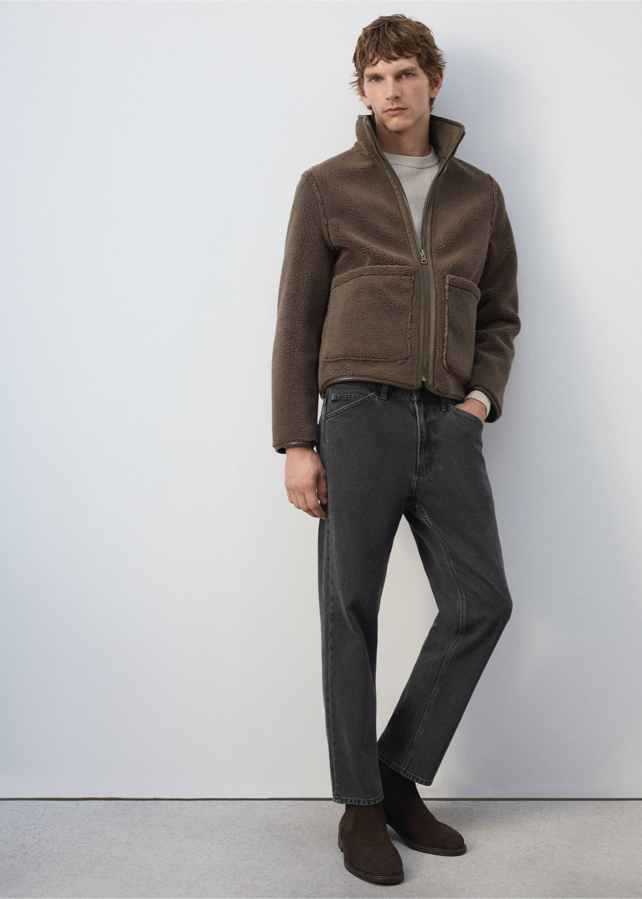Brown faux-shearling zip-up jacket with high collar., Olive Green. Ref: 37007894-00.