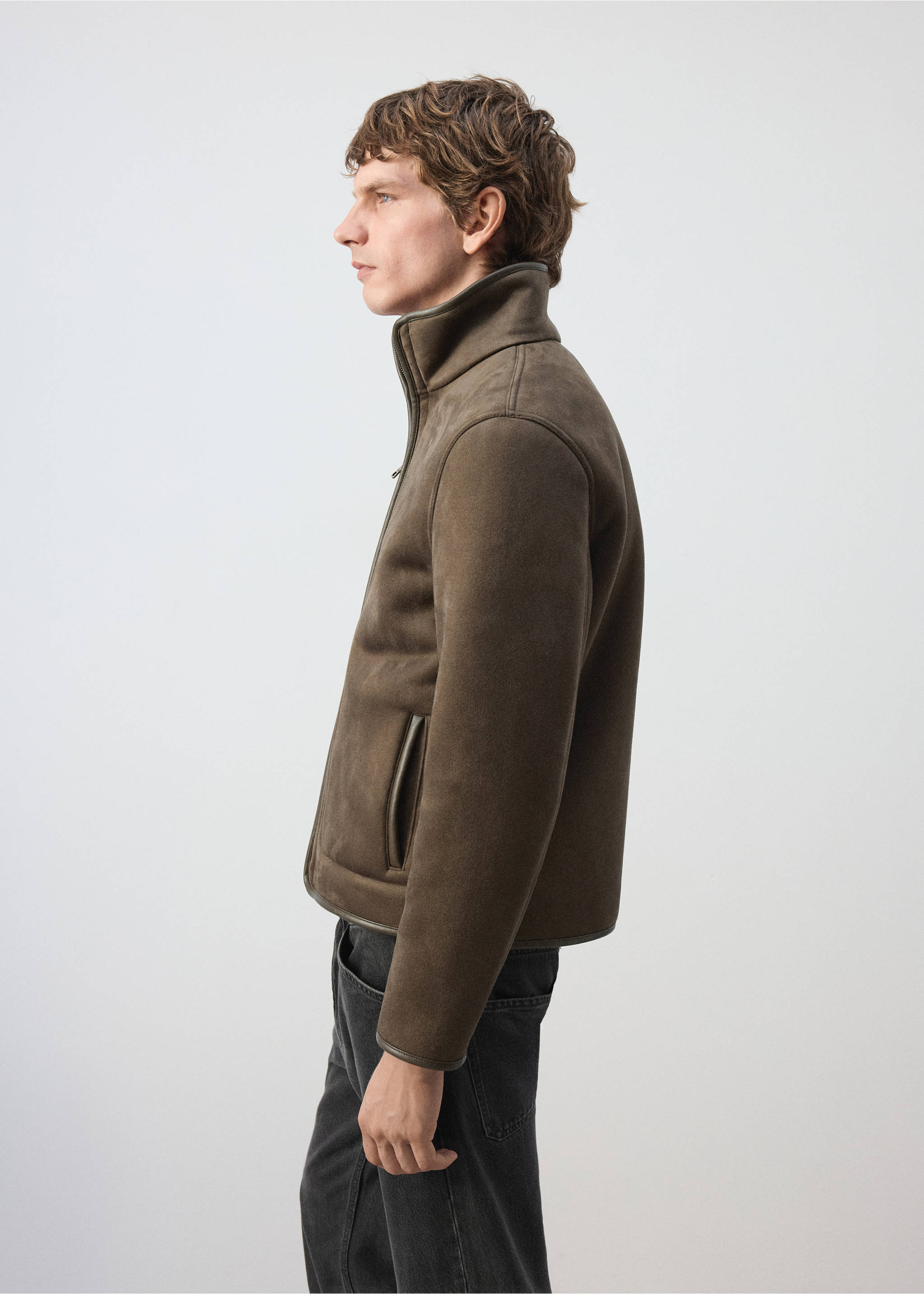 Olive green faux-shearling jacket with a high collar and side pockets., Olive Green. Ref: 37007894-00.