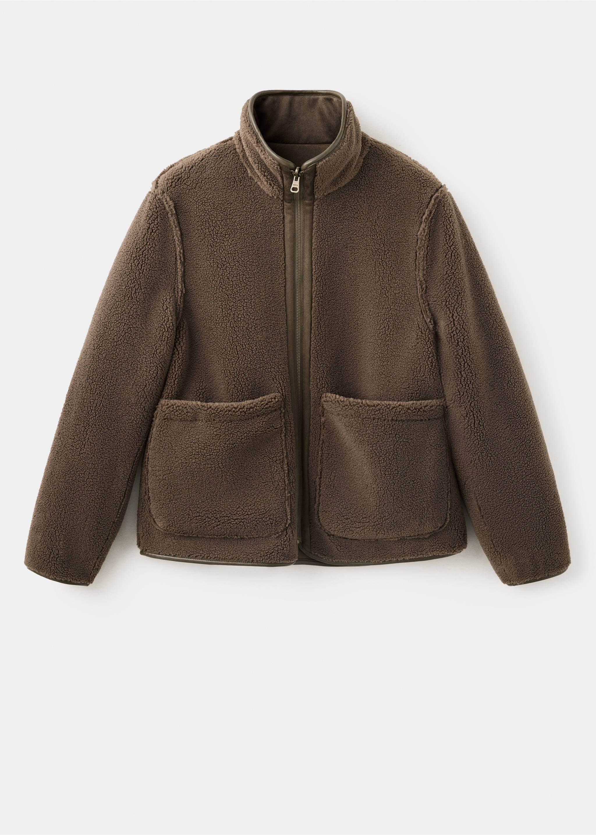 Brown faux-shearling jacket with a high collar, front zip, and large patch pockets., Olive Green. Ref: 37007894-00.
