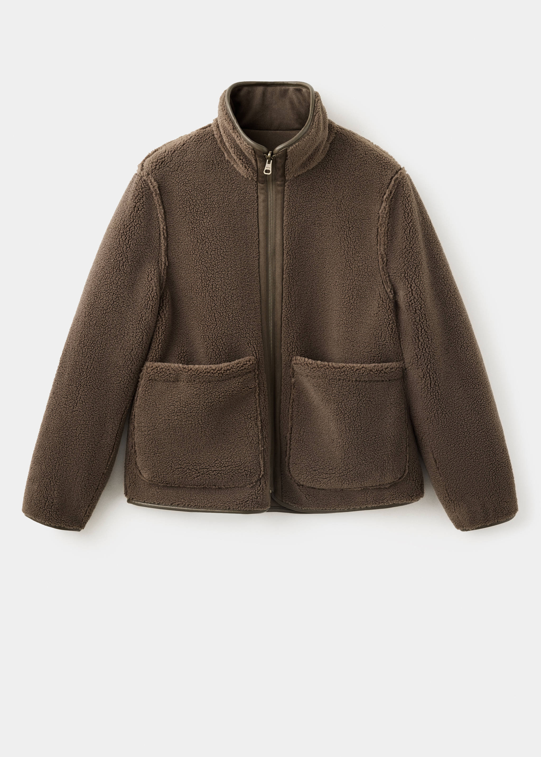 Brown faux-shearling jacket with a high collar, front zip, and large patch pockets.