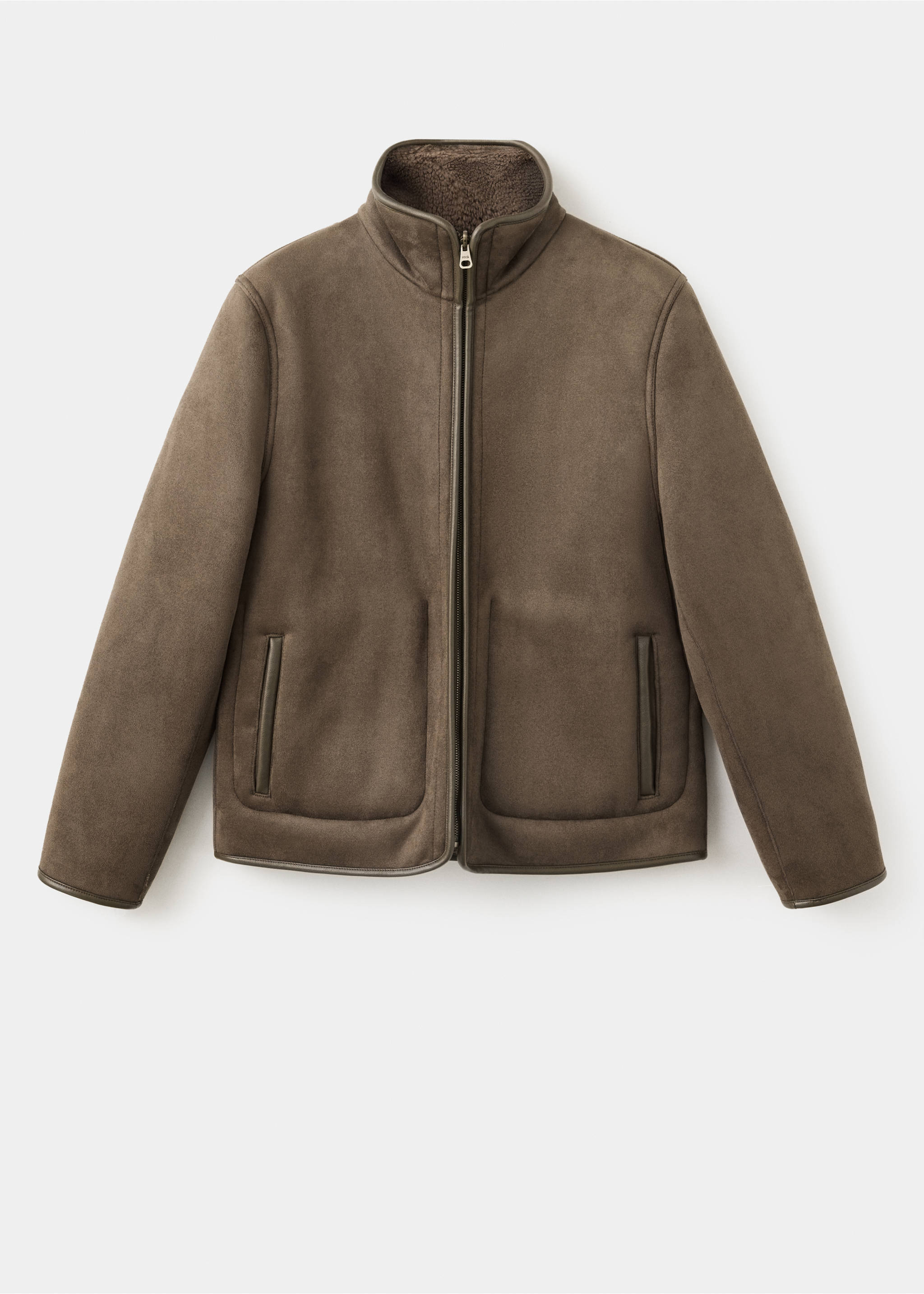 Brown men's funnel-neck faux-shearling jacket with a front zip., Olive Green. Ref: 37007894-00.