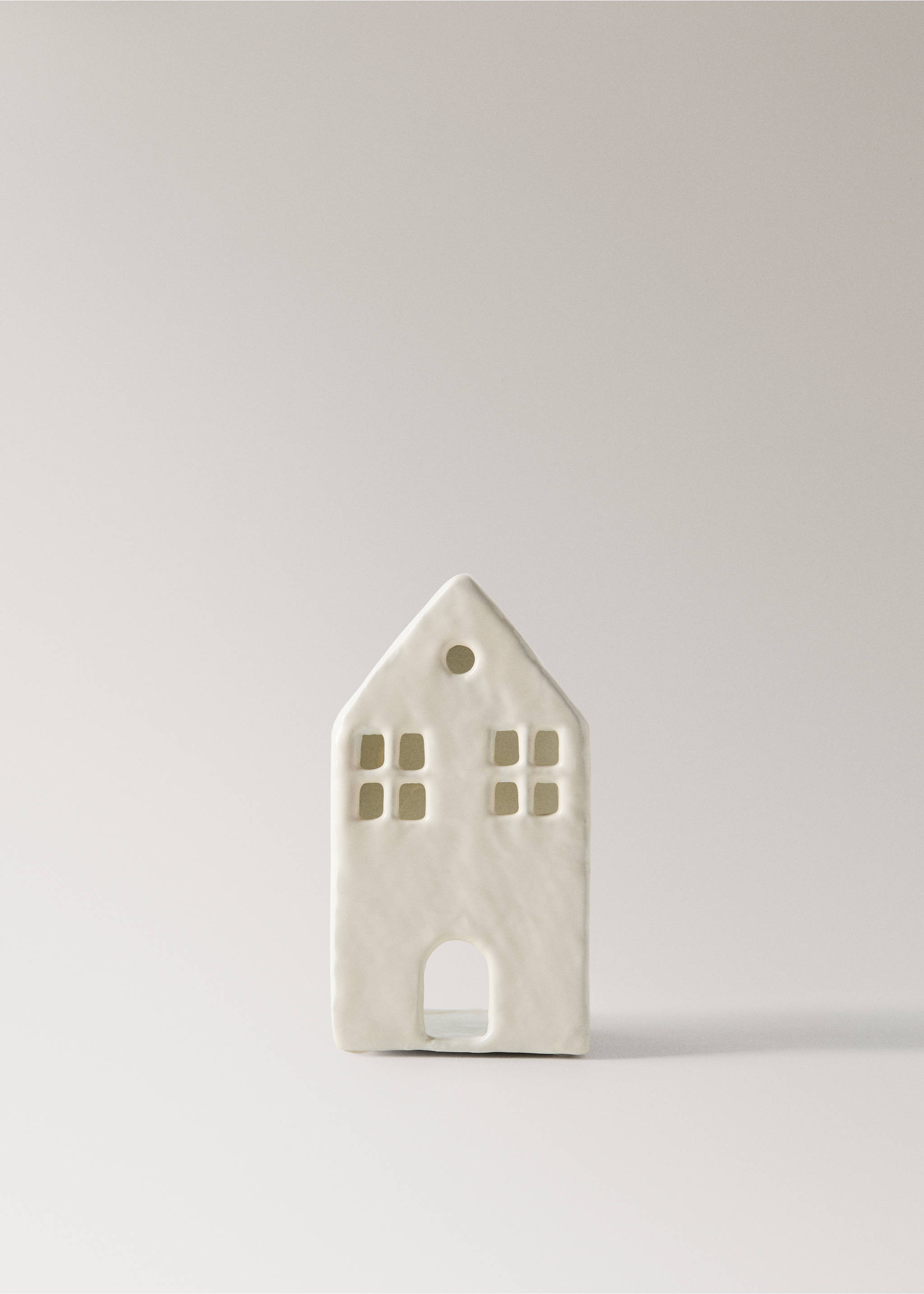 Off-white ceramic house-shaped candle holder with cut-out windows., Off White. Ref: 37007906-00.