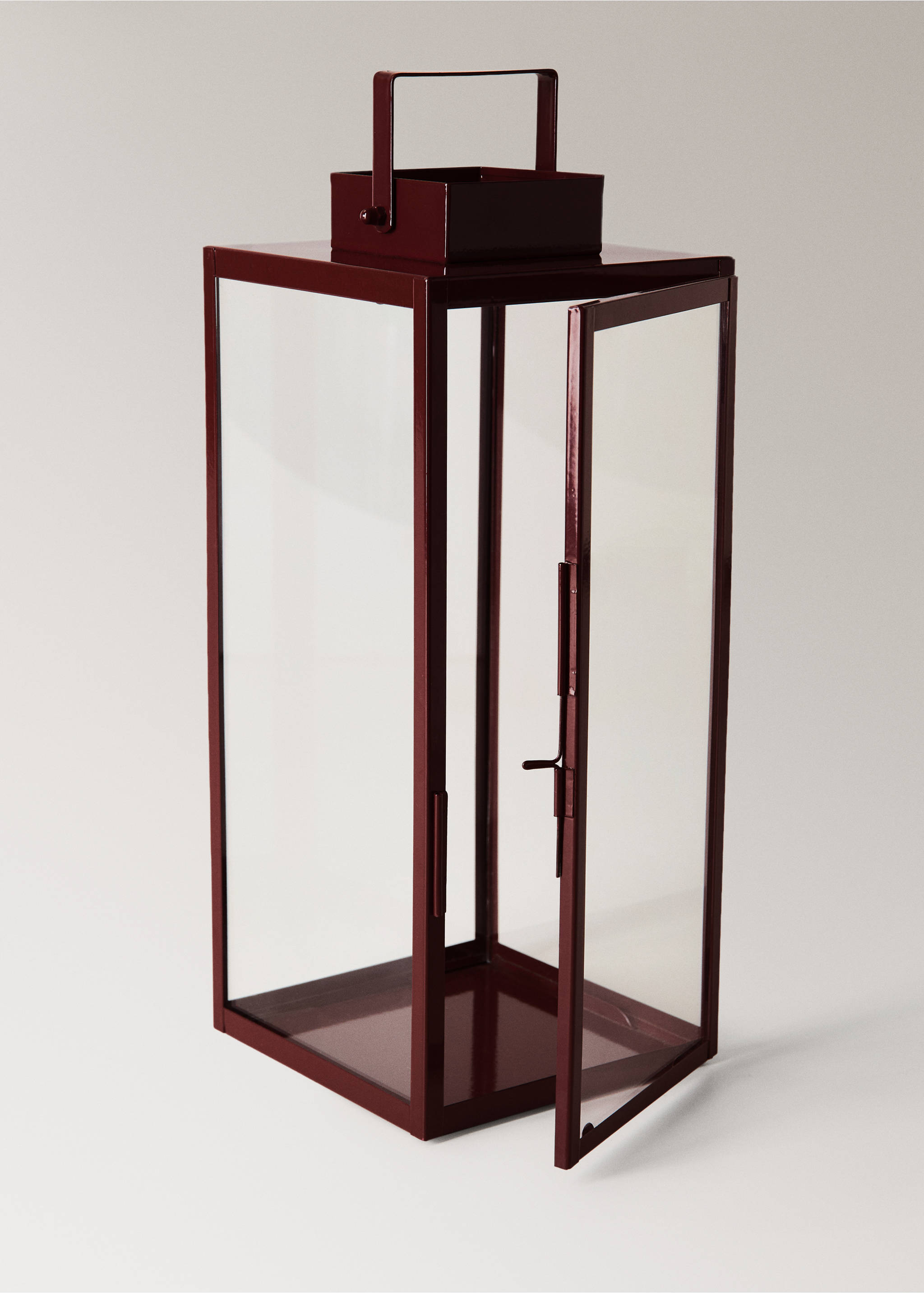 Dark burgundy metal and glass candle lantern with an open side door., Maroon. Ref: 37007907-00.