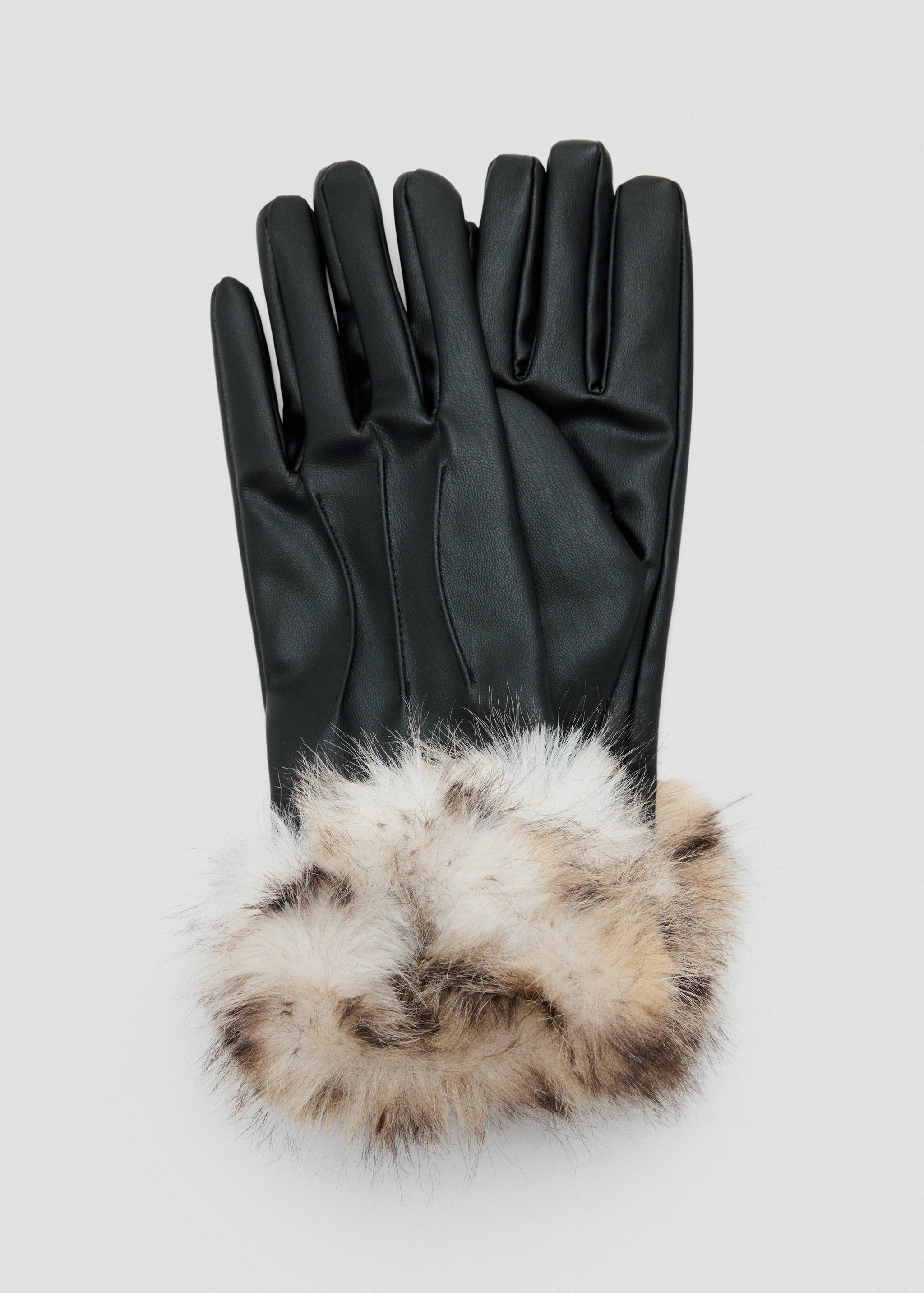 Black faux-leather gloves with a patterned faux-fur cuff.