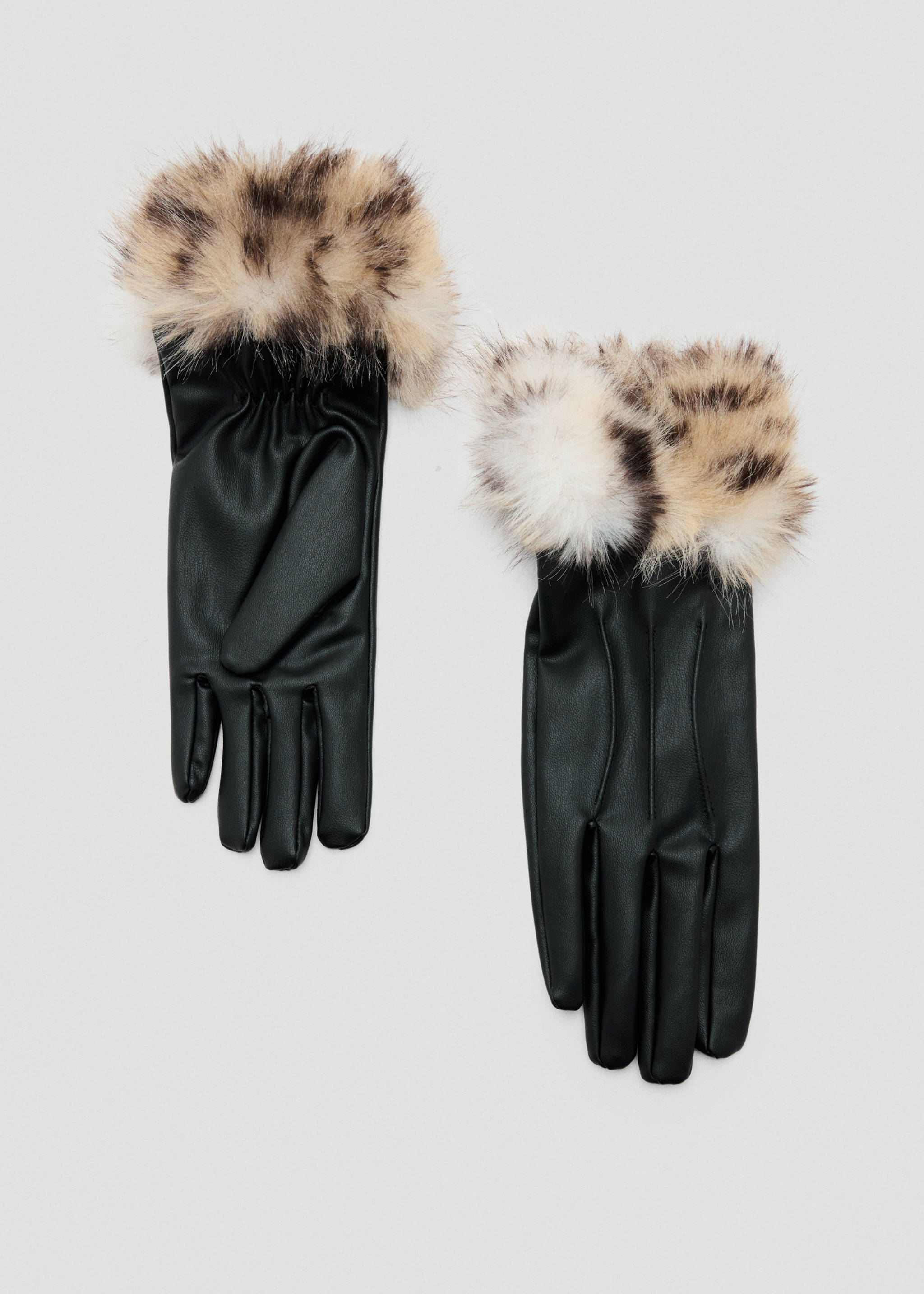 Black gloves featuring animal-print faux-fur cuffs.