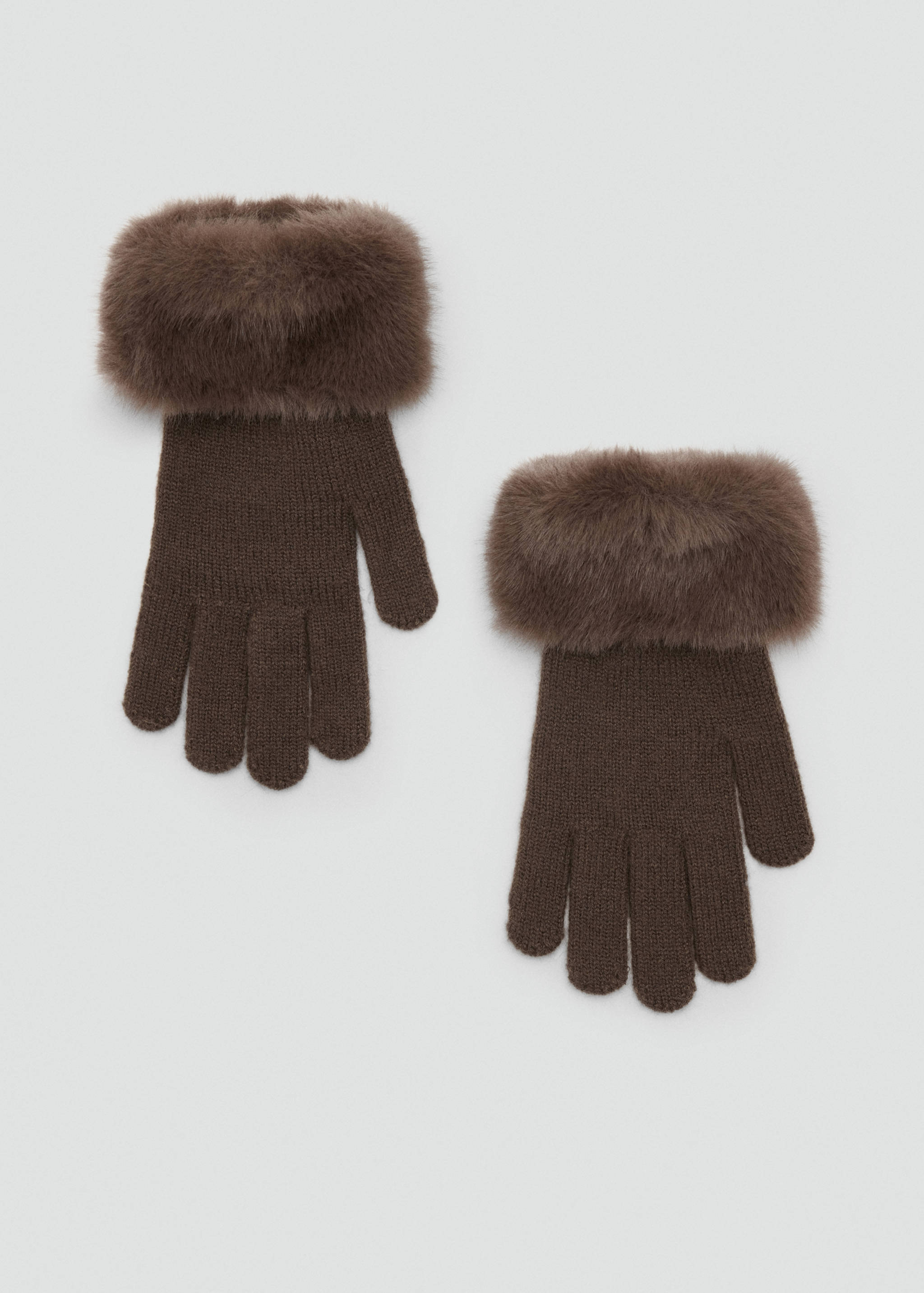 Dark brown knit gloves with plush faux-fur cuffs.