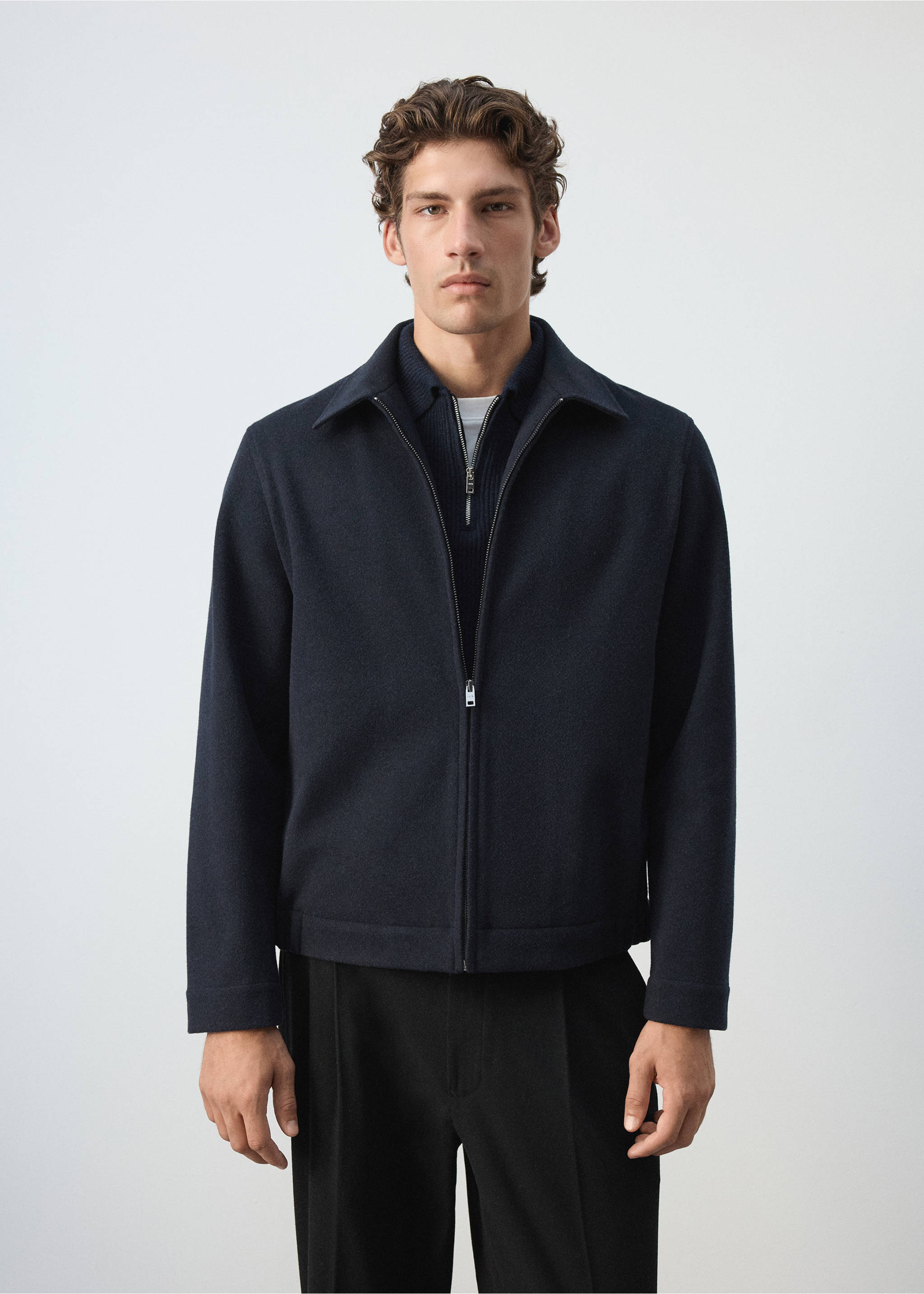 Jacke aus Wollstoff mit Reißverschluss - Mittlere Ansicht, Marineblau. Ref: 37007919-00.