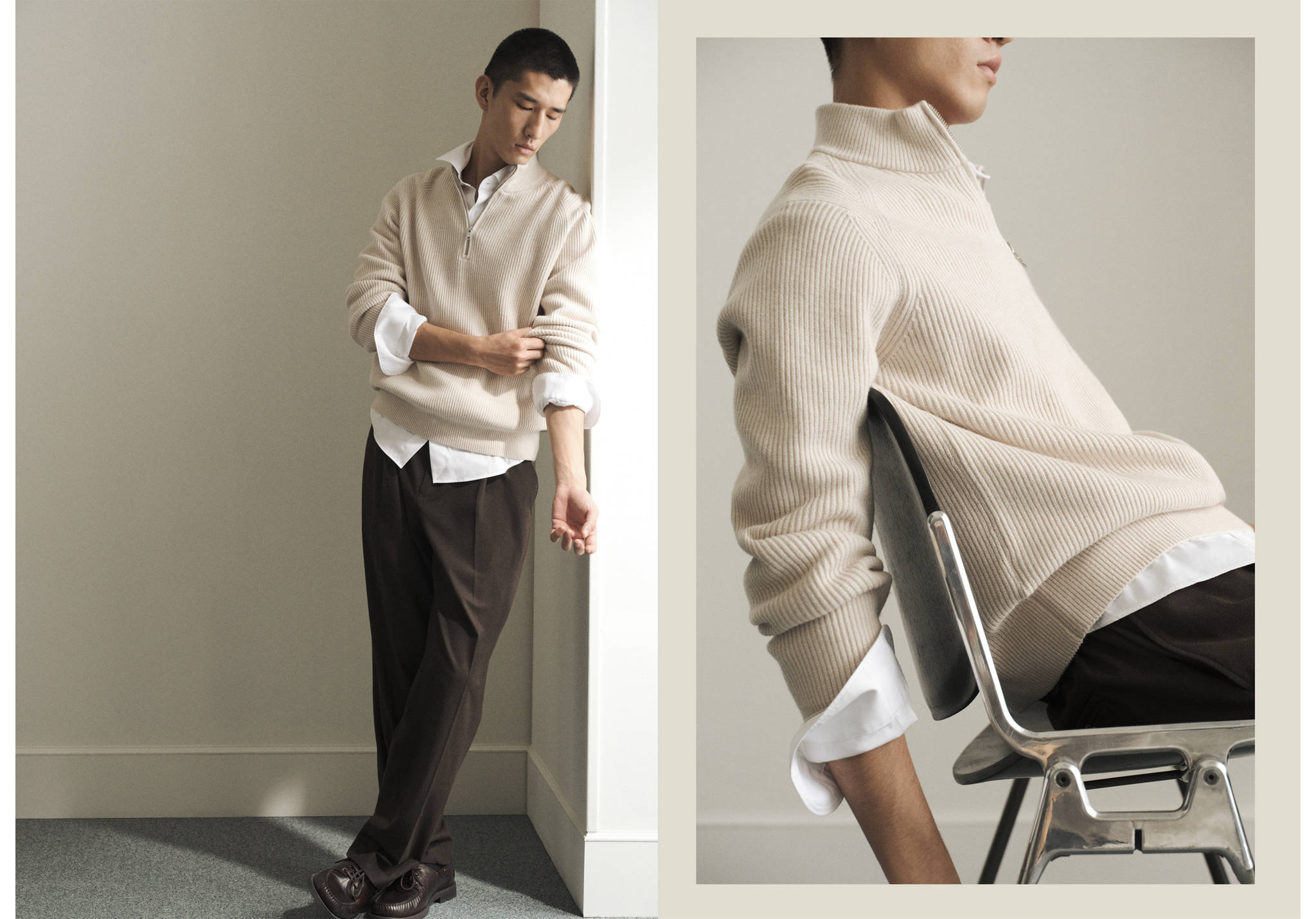 Jersey de punto canalé en color crema con cuello con cremallera y pantalón oscuro, mostrado en dos vistas.