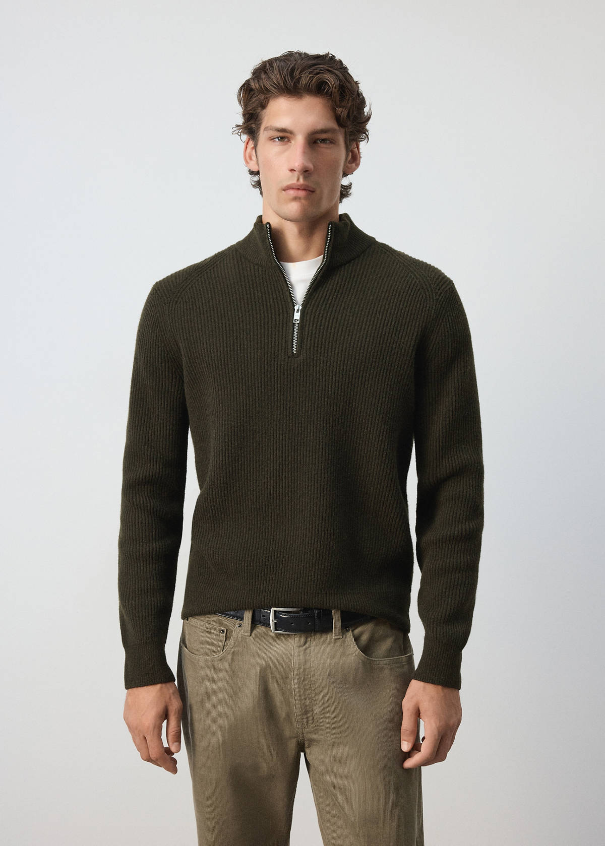 Ribbed sweater with zip — Khaki