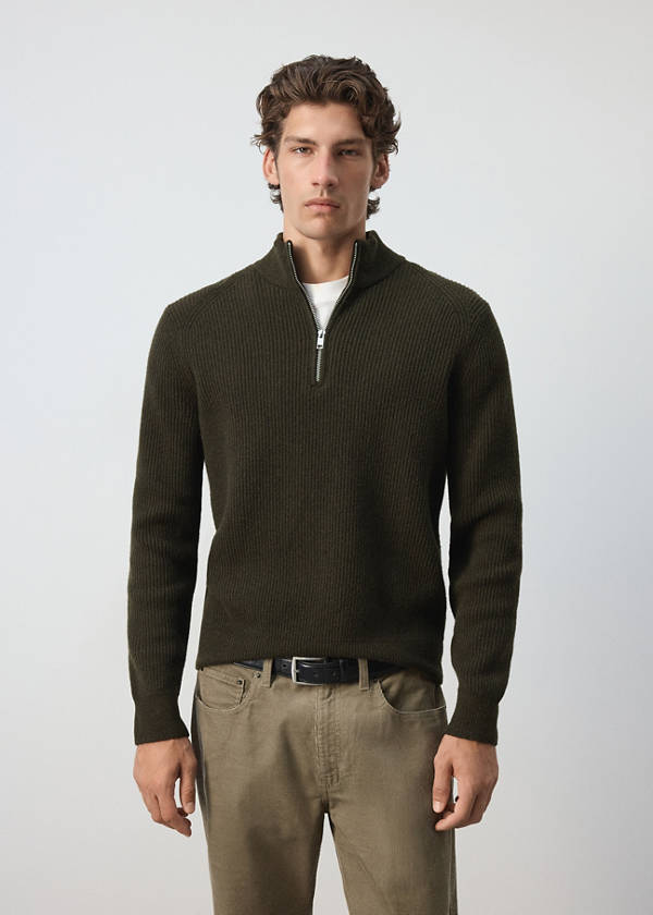 Ribbed sweater with zip — Khaki