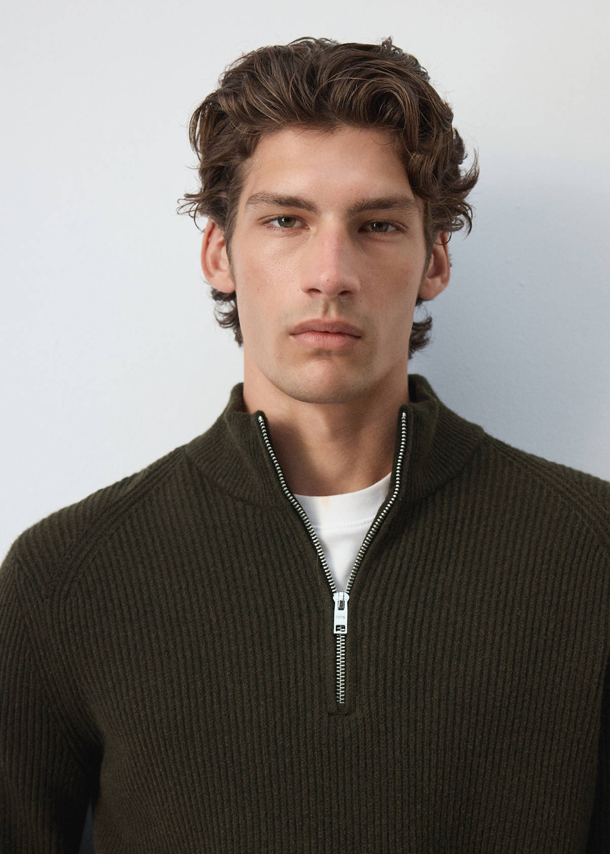 Ribbed sweater with zip — Khaki