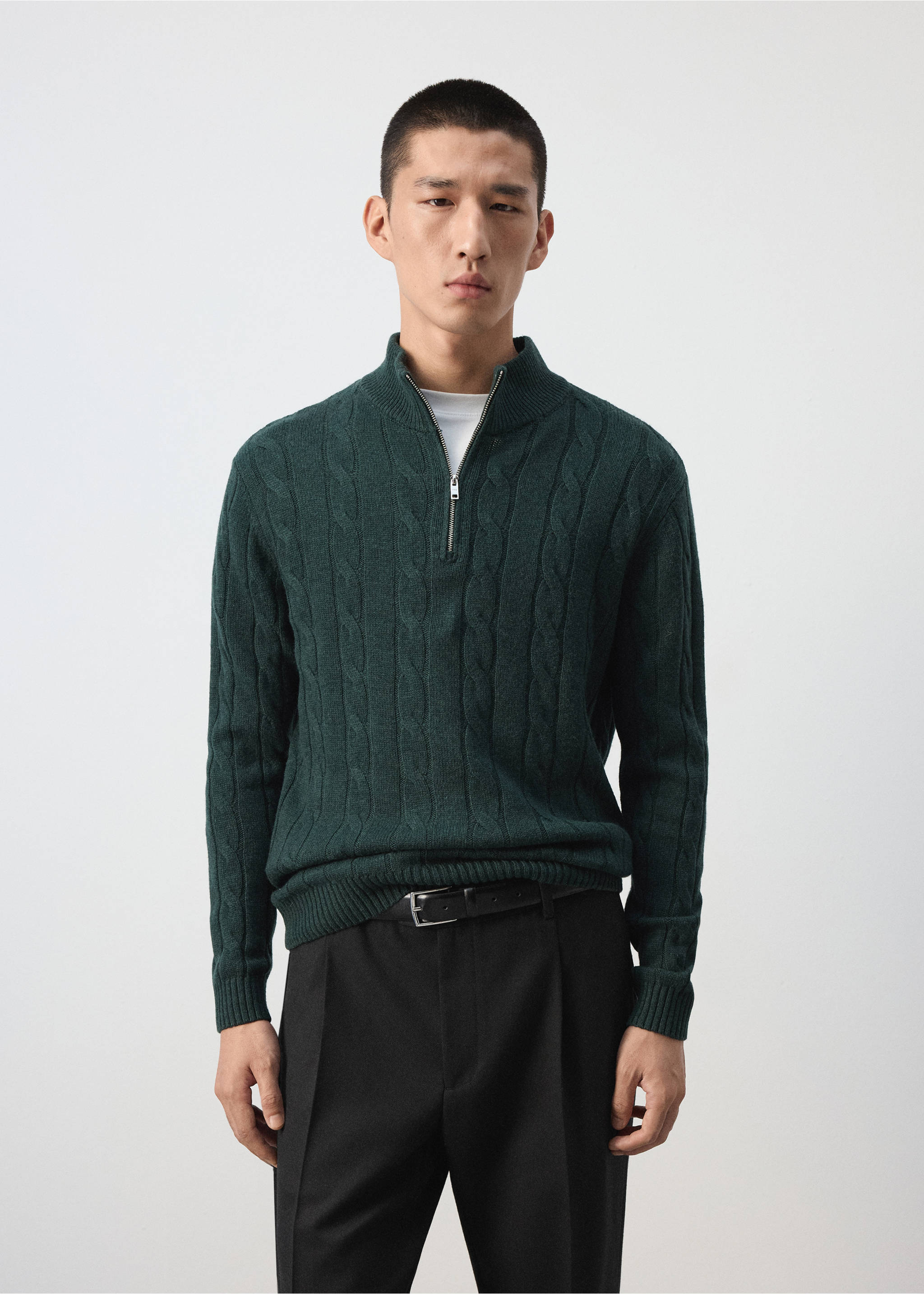 Dark green cable-knit zip-neck jumper with a high ribbed collar., Dark Green. Ref: 37007921-00.